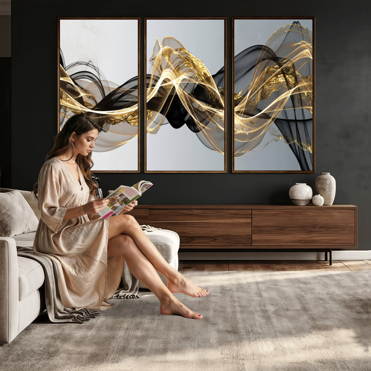 79483321DL-MGV-CV-36X24 - Black and Gold Abstract Wall Art, Modern Wave Canvas Print, Elegant Flowing Smoke Art, Luxury Living Room Decor