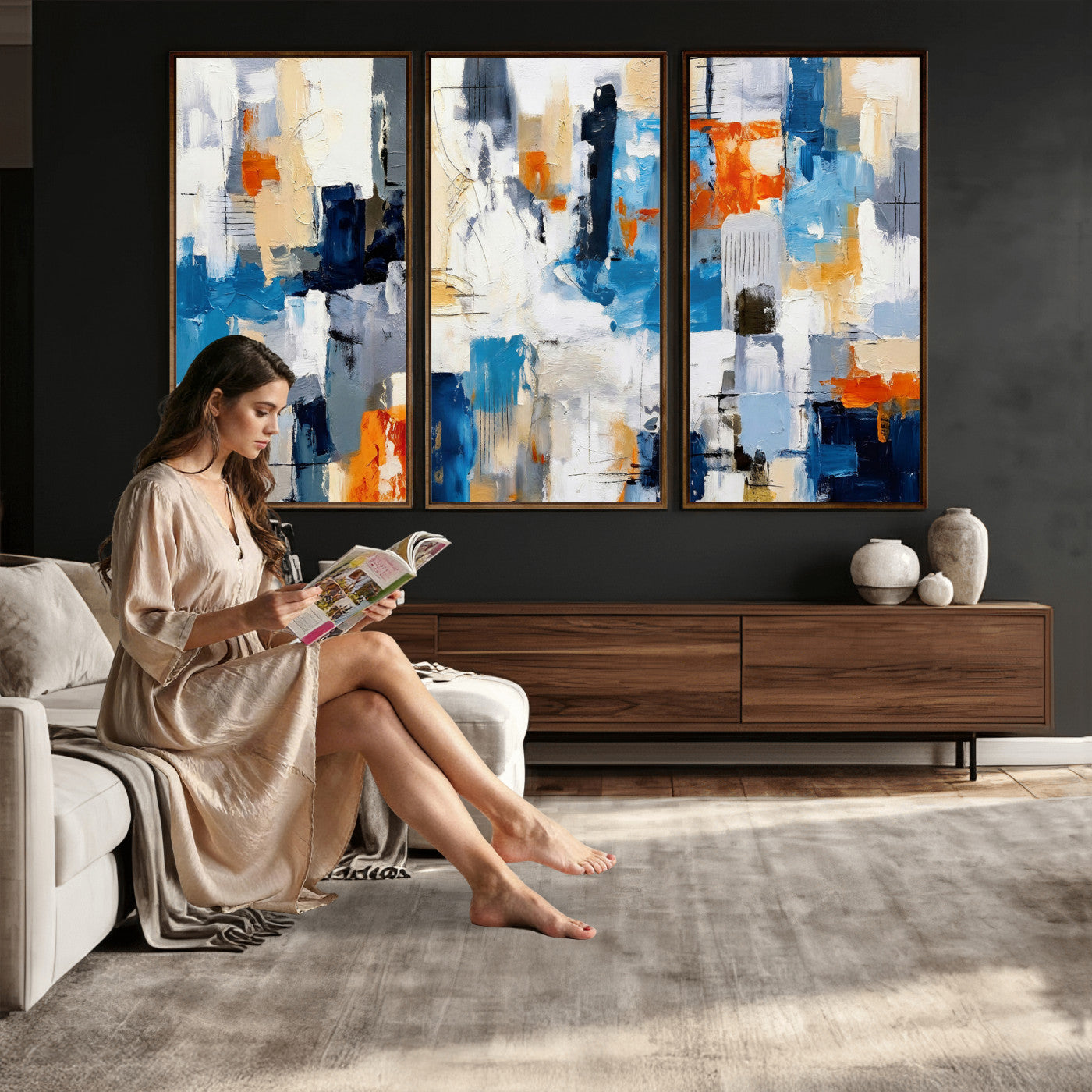 83915061-MGV-CV-36X24 - Blue Teal Abstract Canvas Wall Art, Modern Textured Painting Print, Navy Orange White Contemporary Art, Neutral Living Room Decor, Office Art