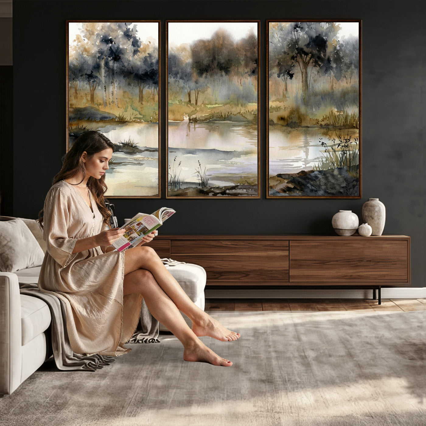 27383609-MGV-CV-36X24 - Abstract Watercolor Autumn Lake Canvas Wall Art Print - Misty Forest Landscape, Rustic Nature Painting, Cabin Wall Decor - Ready to Hang