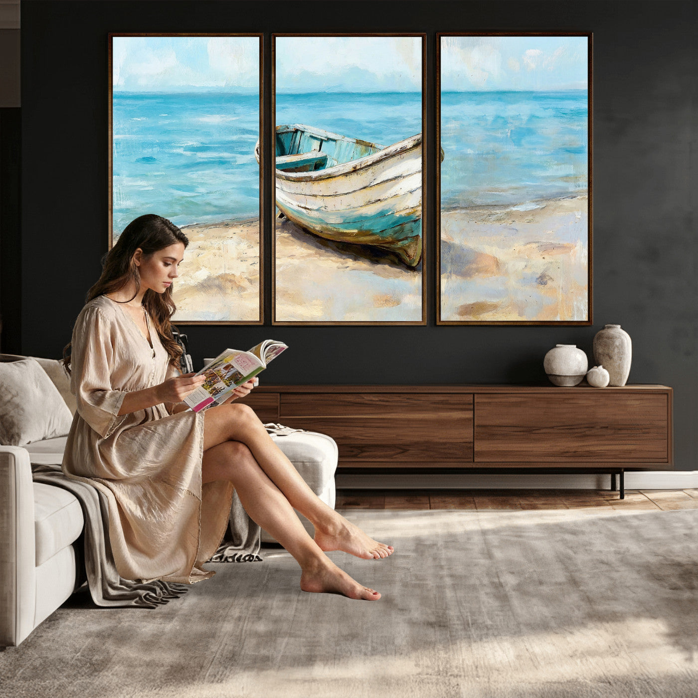 14780565-MGV-CV-36X24 - Coastal Boat Canvas Wall Art Print, Beach Boat Painting, Nautical Ocean Decor, Seascape Wall Art - Ready to Hang