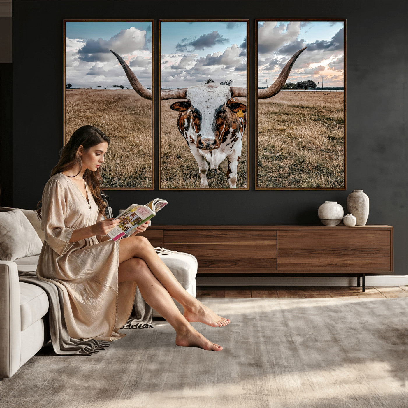 17464823-MGV-CV-36X24 - Texas Longhorn Canvas Wall Art Print - Western Cow Photography, Rustic Ranch Decor, Farmhouse Wall Art, Ready to Hang