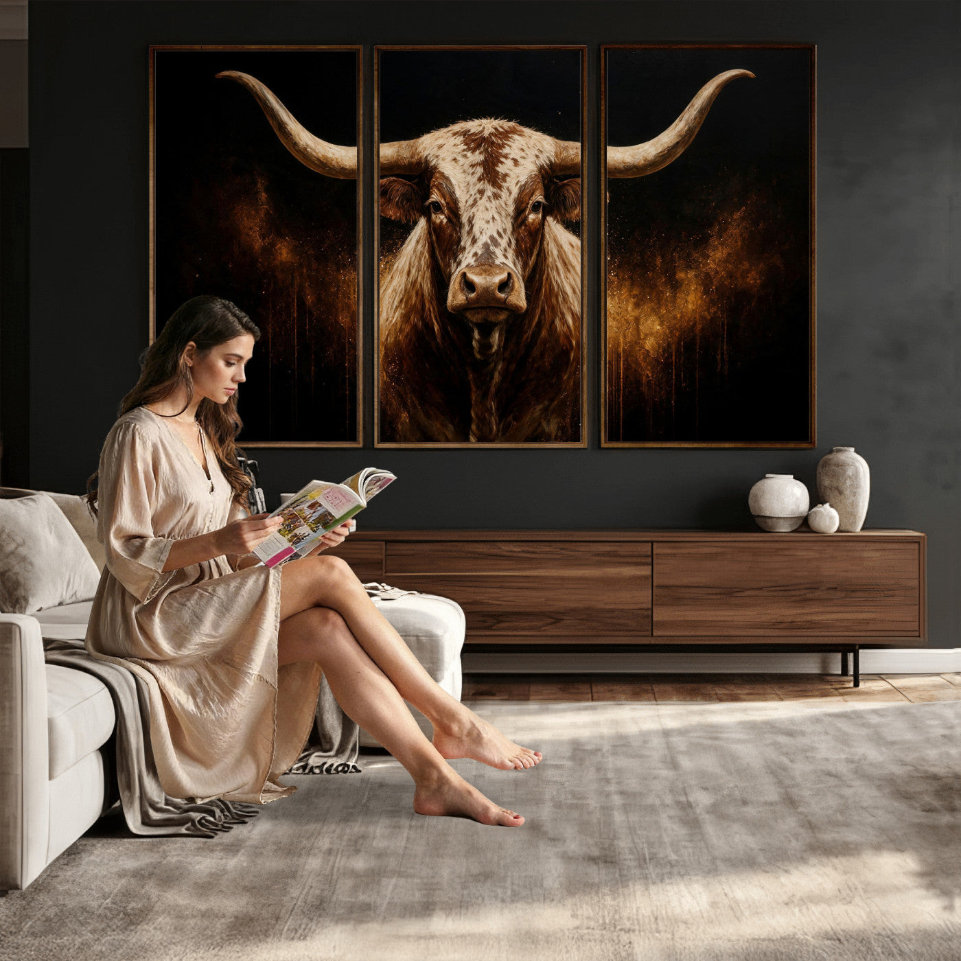 62076449-MGV-CV-48X32-3P - Texas Bull Cow Longhorn Canvas Wall Art Moody Western Bull Oil Painting Print