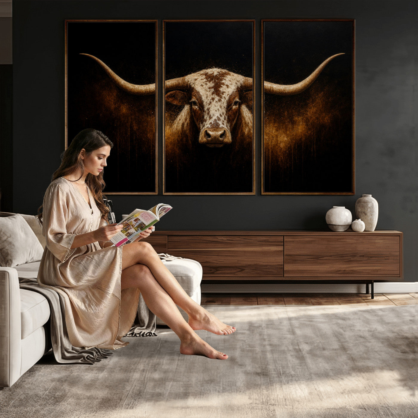 12628958-MGV-CV-36X24 - Texas Longhorn Canvas Wall Art Moody Western Bull Oil Painting Print