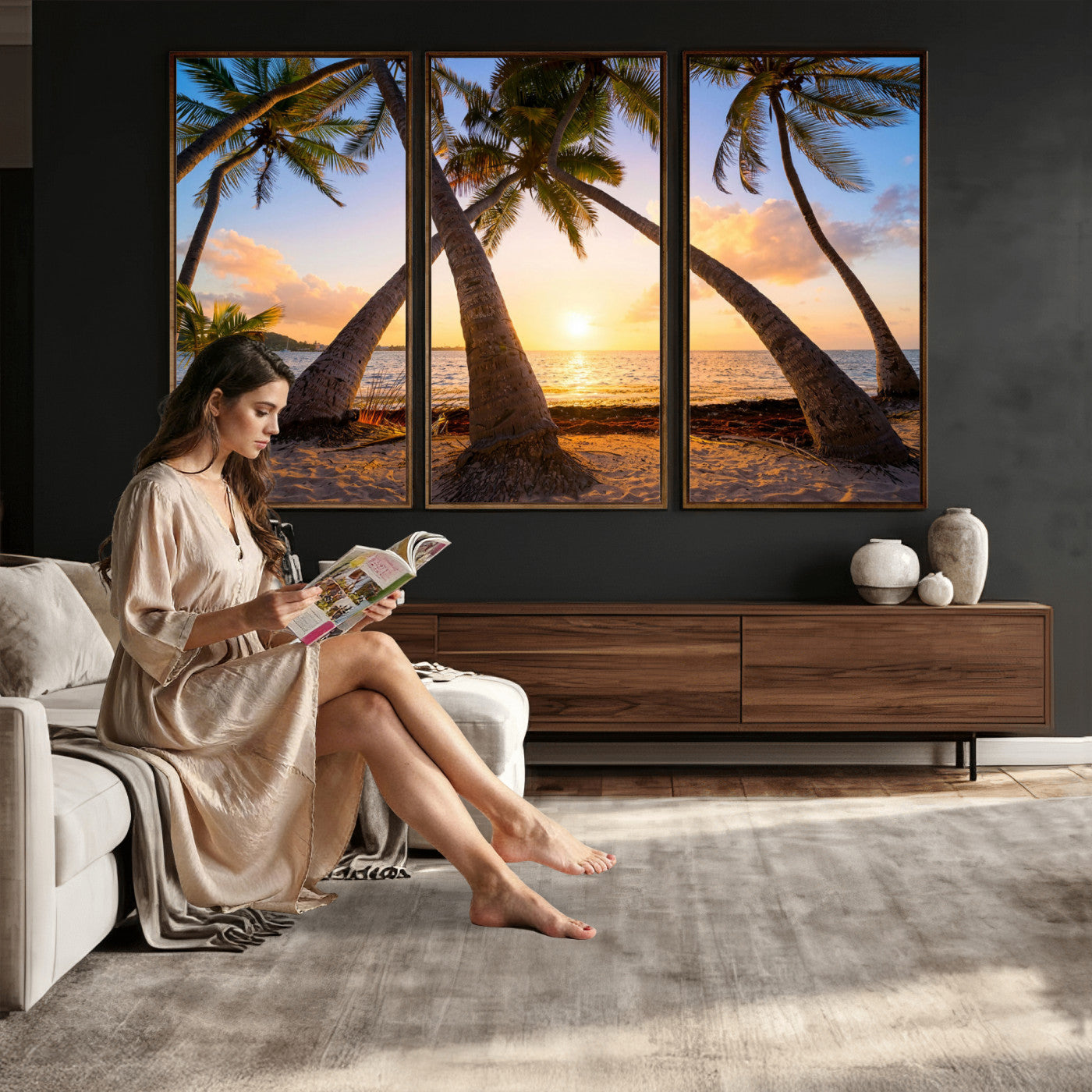 75123213-MGV-CV-36X24 - Tropical Island Coconut Palm Trees Sunset Wall Art Canvas Print - Turquoise Beach Print for Nautical Home Decor