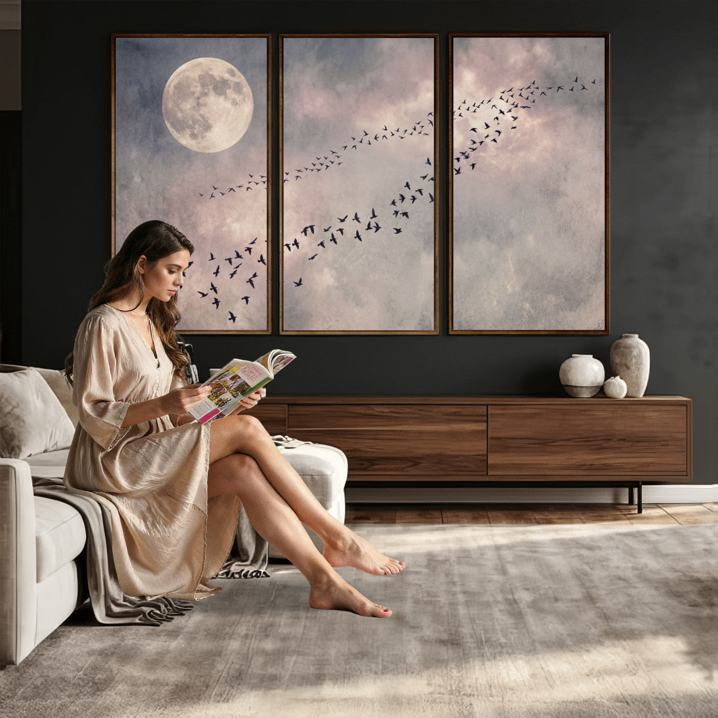 52339590-MGV-CV-36X24 - Birds Flying to Moon Wall Art Canvas Print - Vintage Surreal Night Sky Sky Print