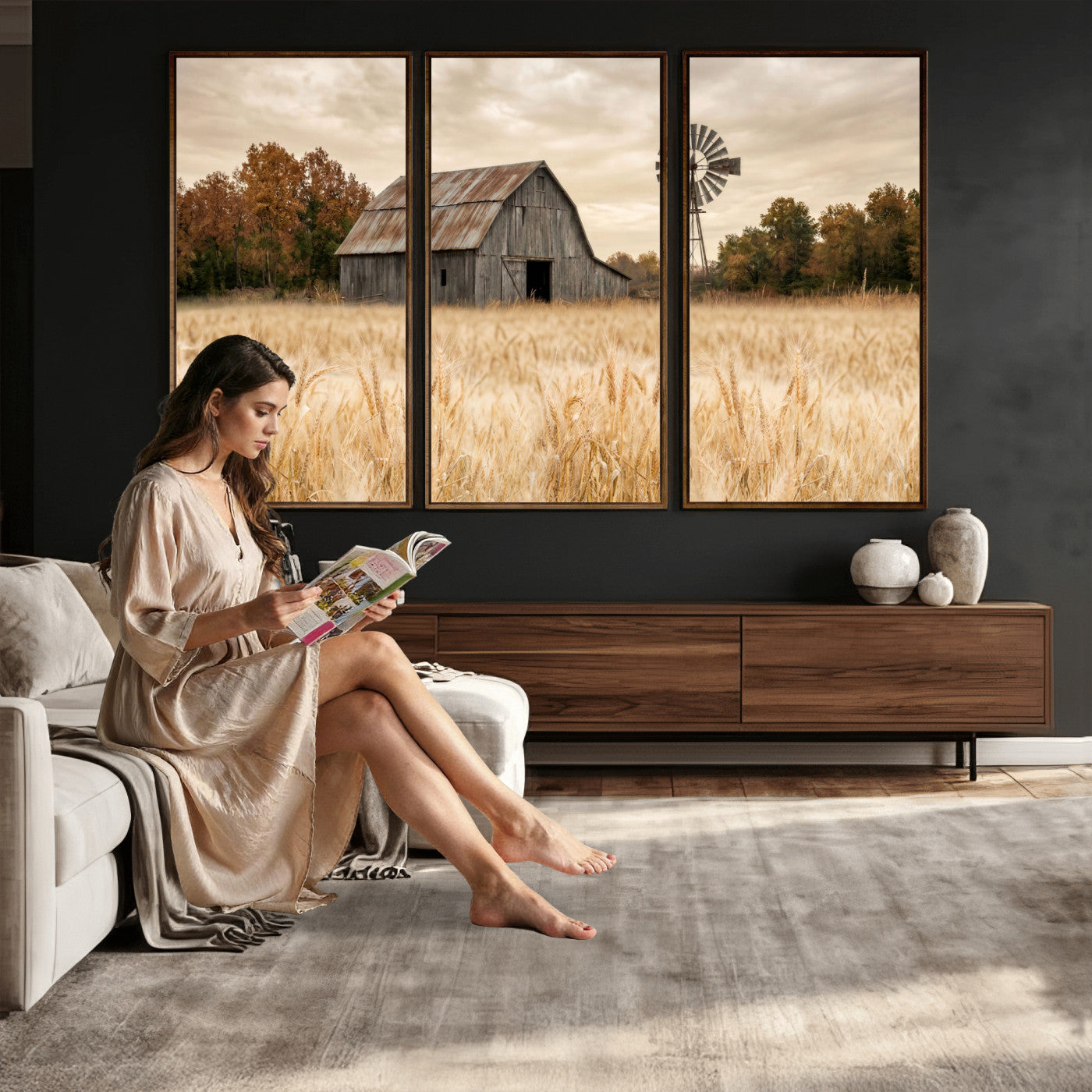 99640659-MGV-CV-36X24 - Rustic Farmhouse Barn and Windmill Wall Art Canvas Print, Country Landscape Photography Print