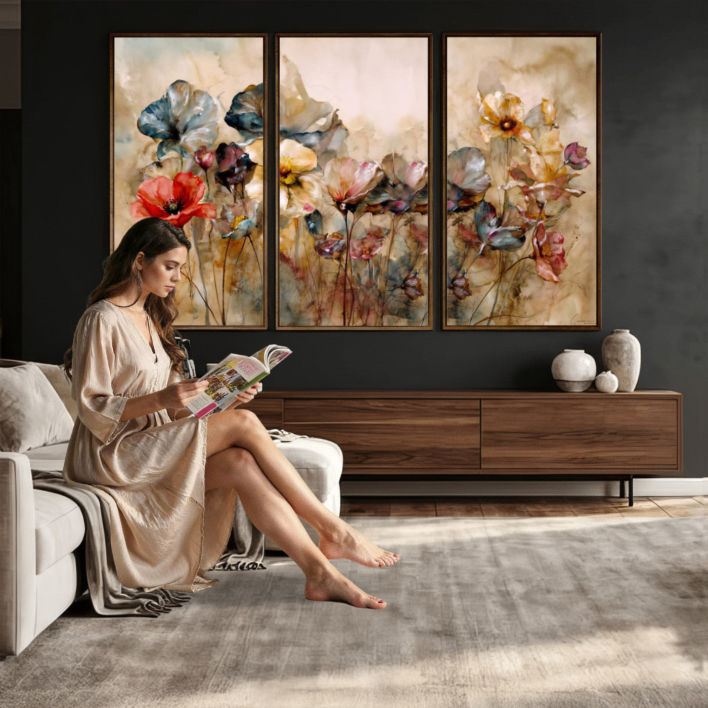 11407233-MGV-CV-36X24 - Vintage Dried Floral Meadow Wall Art Canvas Print, Translucent Watercolor Flowers Painting Print