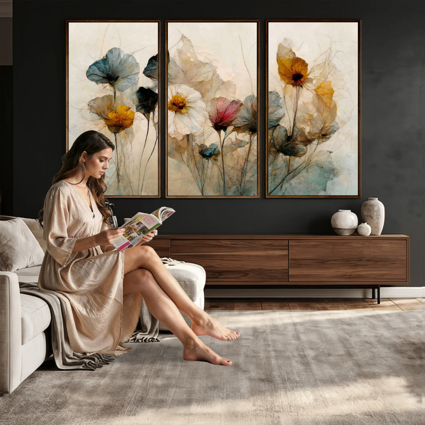 86802229-MGV-CV-36X24 - Vintage Dried Floral Meadow Wall Art Canvas Print, Translucent Watercolor Flowers Painting Print