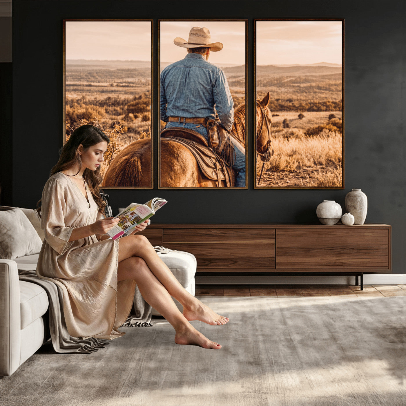 62076449-MGV-CV-36X24 - Texas Cowboy and Horse Print for Western Wall Art Decor for Farmhouse