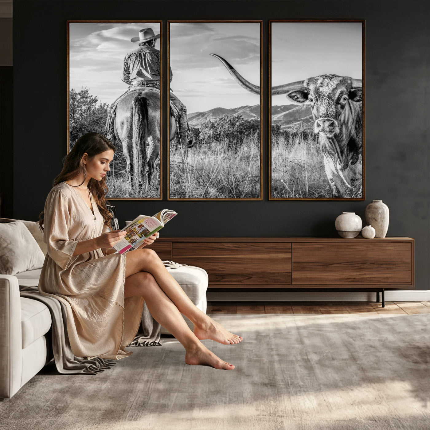 62076449WB-MGV-CV-36X24 - Texas Cowboy and Longhorn Bull Print for Western Wall Art Decor for Farmhouse