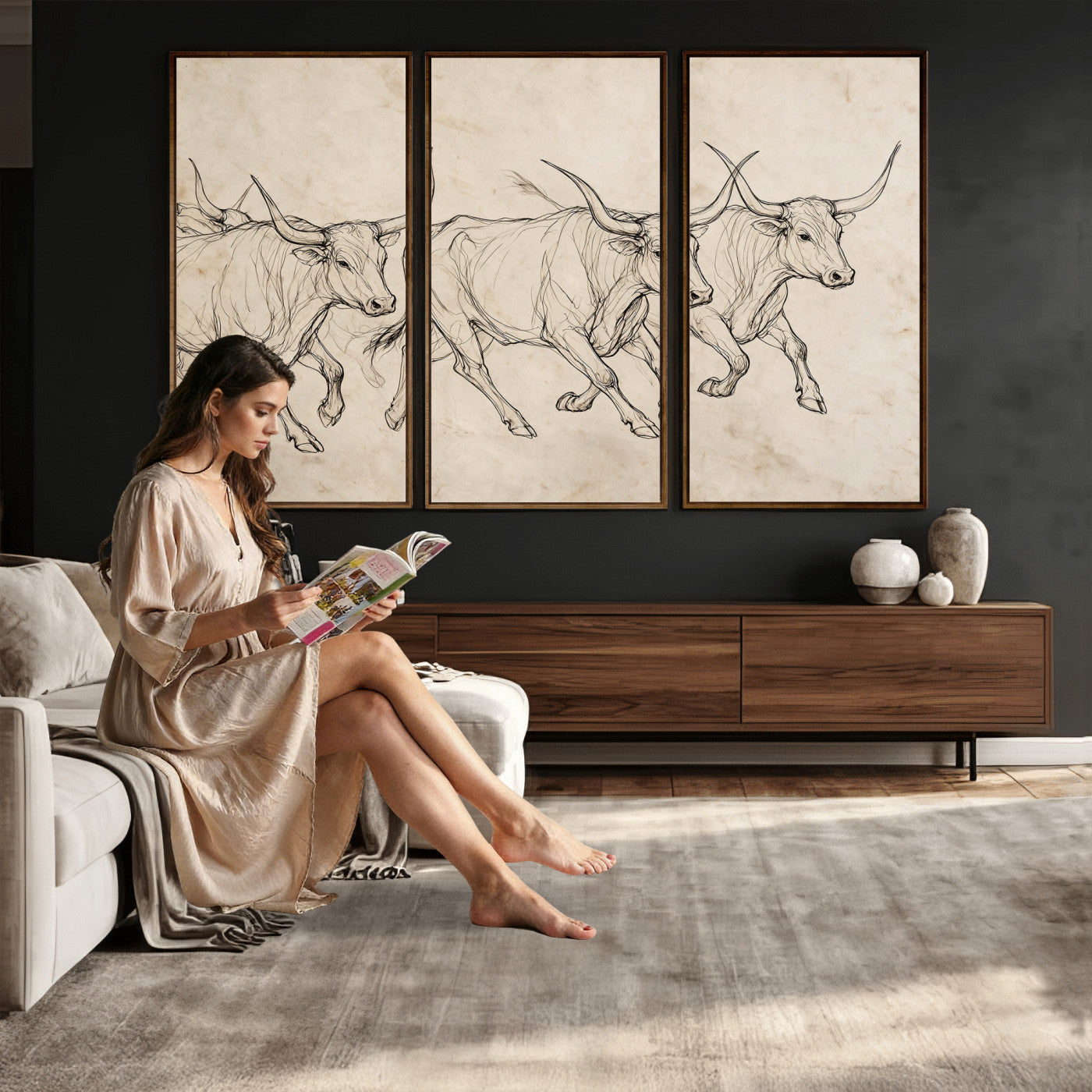 87177621-MGV-CV-36X24 - Minimalist Longhorn Line Art, Modern Texas Bull Canvas Print, Abstract Western Wall Decor, Continuous Line Artwork, Black White Ranch Gift