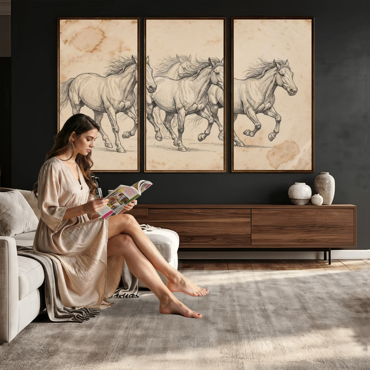 16644391-MGV-CV-36X24 - Vintage Horse Sketch Canvas Wall Art, Wild Horses Pencil Drawing Print, Antique Parchment Western Decor, Equine Sketching, Country Manor Gift