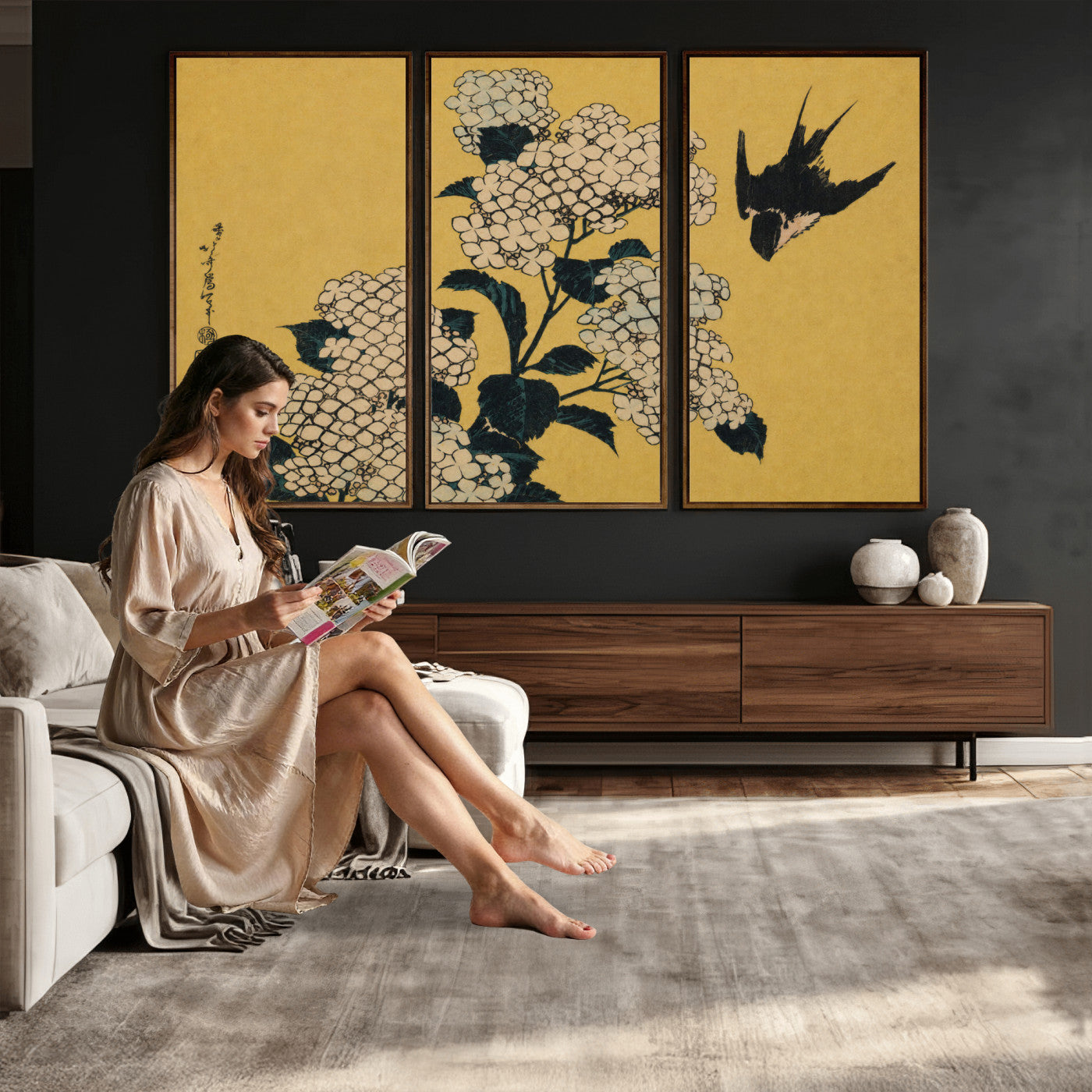 92483501-MGV-CV-36X24 - Katsushika Hokusai Hydrangea and Swallow Wall Art Canvas Print, Japanese Woodblock Painting Print