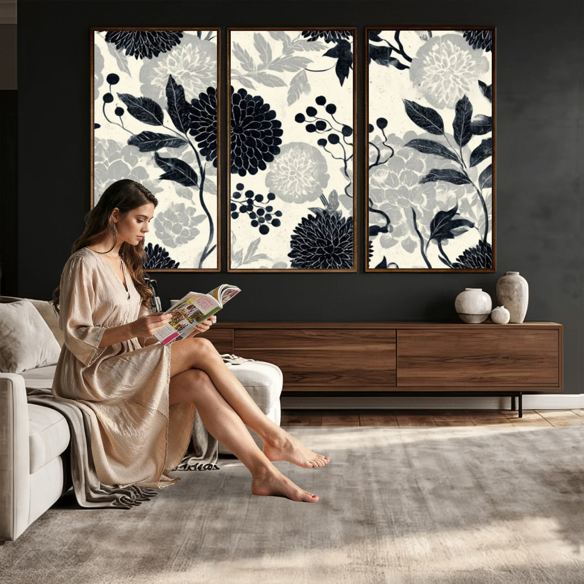 61524791-MGV-CV-36X24 - Vintage Black Chrysanthemum Wall Art Canvas Print, Monochrome Dhalia Floral Painting Print