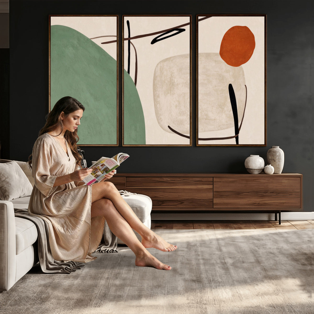 46798824-MGV-CV-48X32-3P - Mid Century Modern Geometric Canvas Wall Art, Abstract Triptych Print
