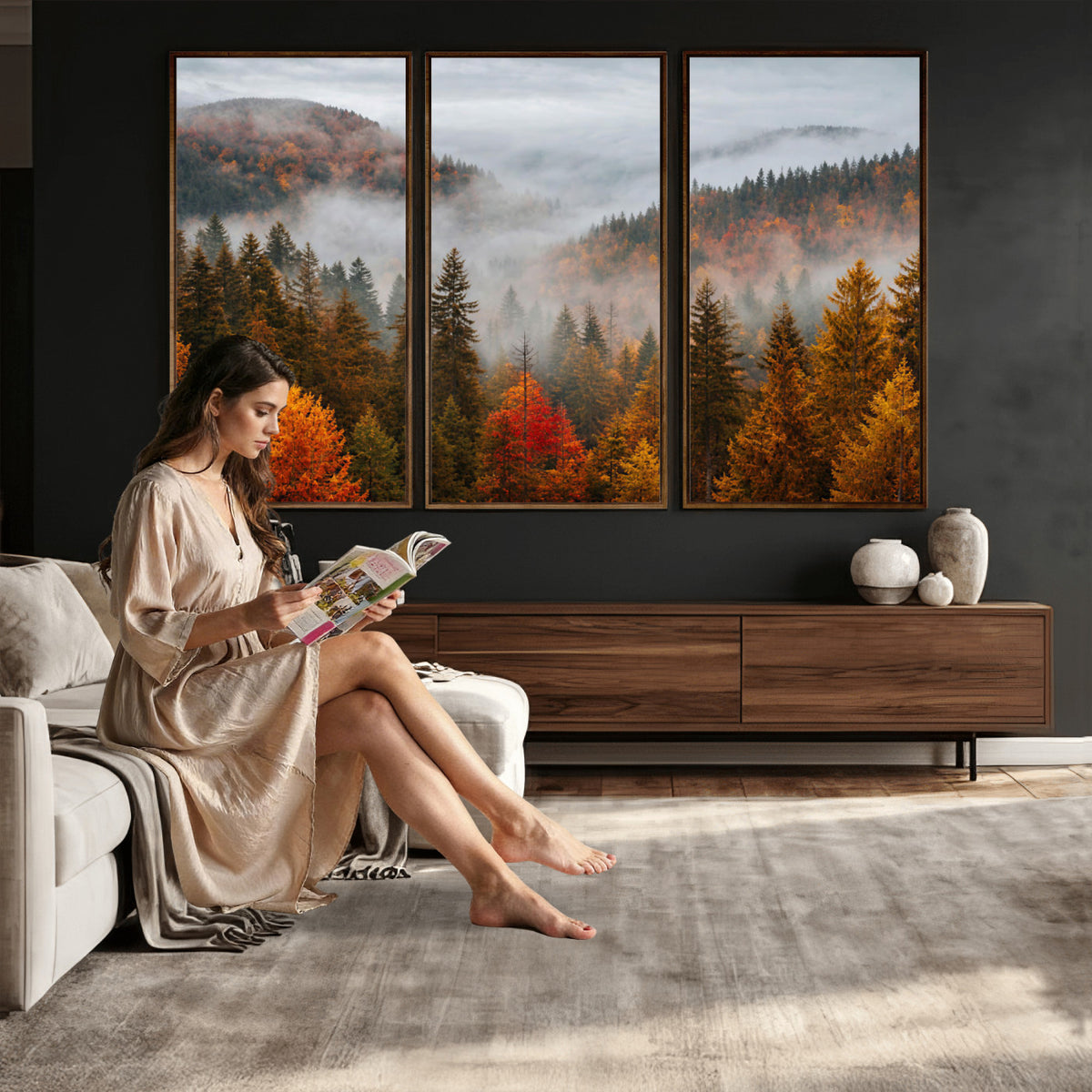 87481341-_Poster-30x20 - Foggy Autumn Mountain Canvas Print Smoky Pine Forest Wall Art Panoramic Nature Poster 3 Piece Made in USA
