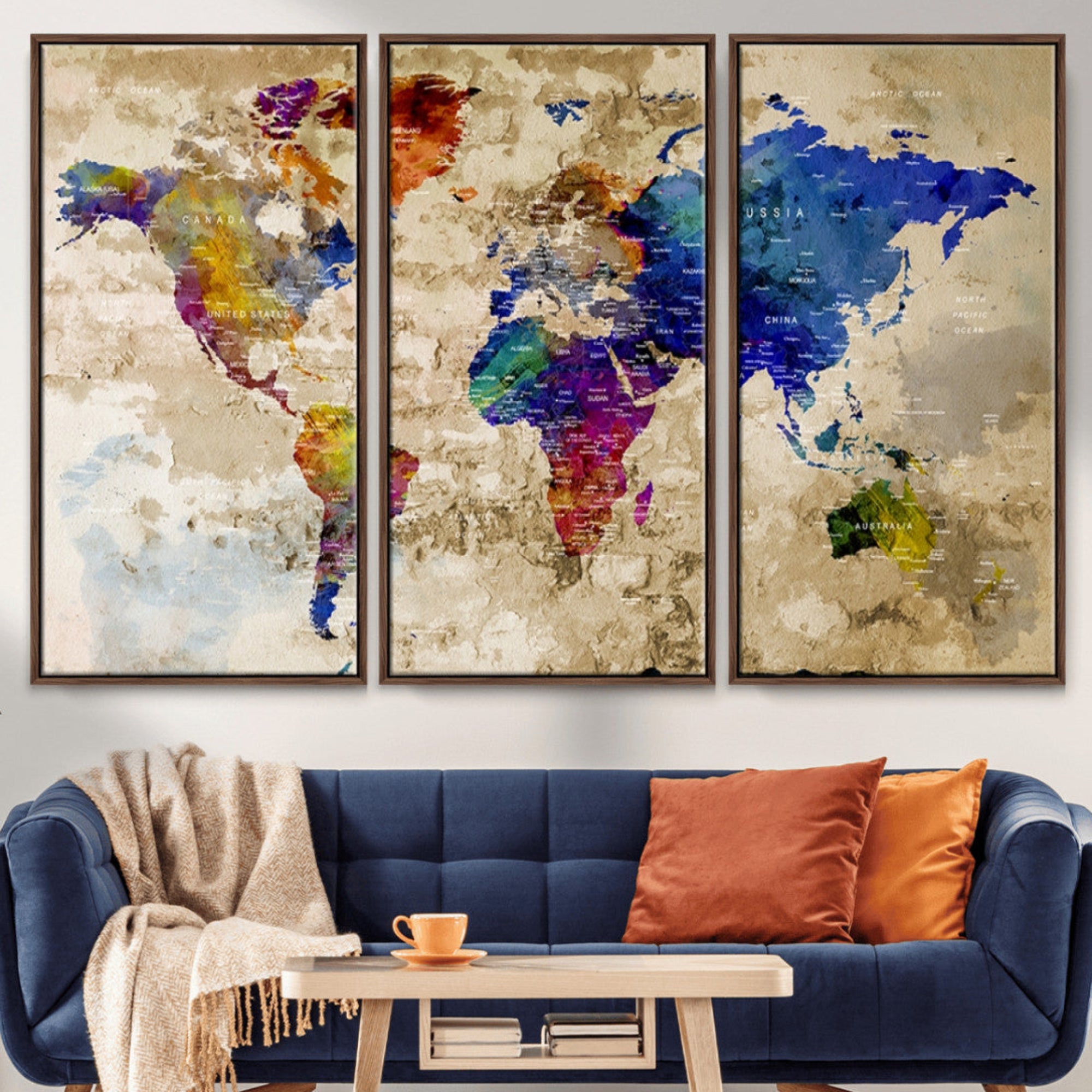 92939-MGV-CV-36X24-Colorful World Map Canvas Wall Art – Abstract Watercolor Map Print, Modern Travel Decor for Home Office or Study