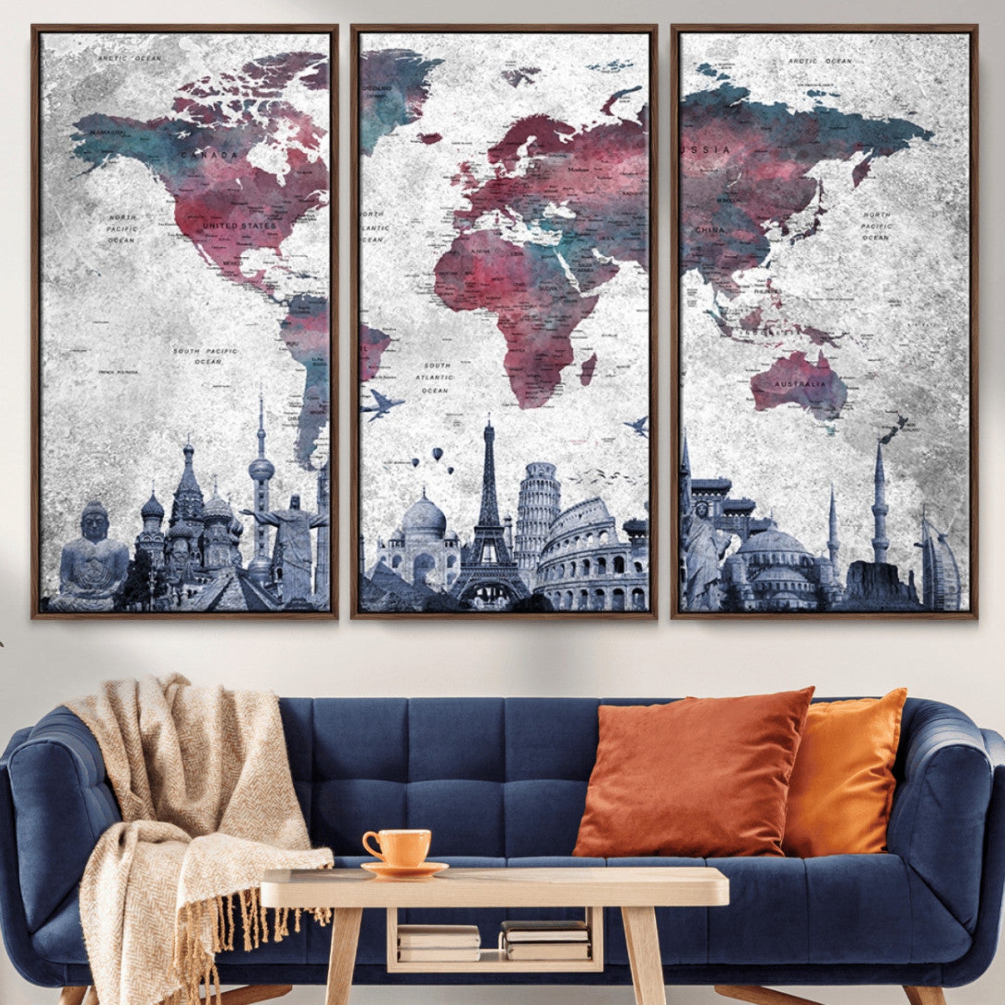 42515-MGV-CV-36X24-World Map Canvas Wall Art with Famous Landmarks – Framed Travel Map Print for Home and Office Decor, Perfect Gift for Travel Lovers