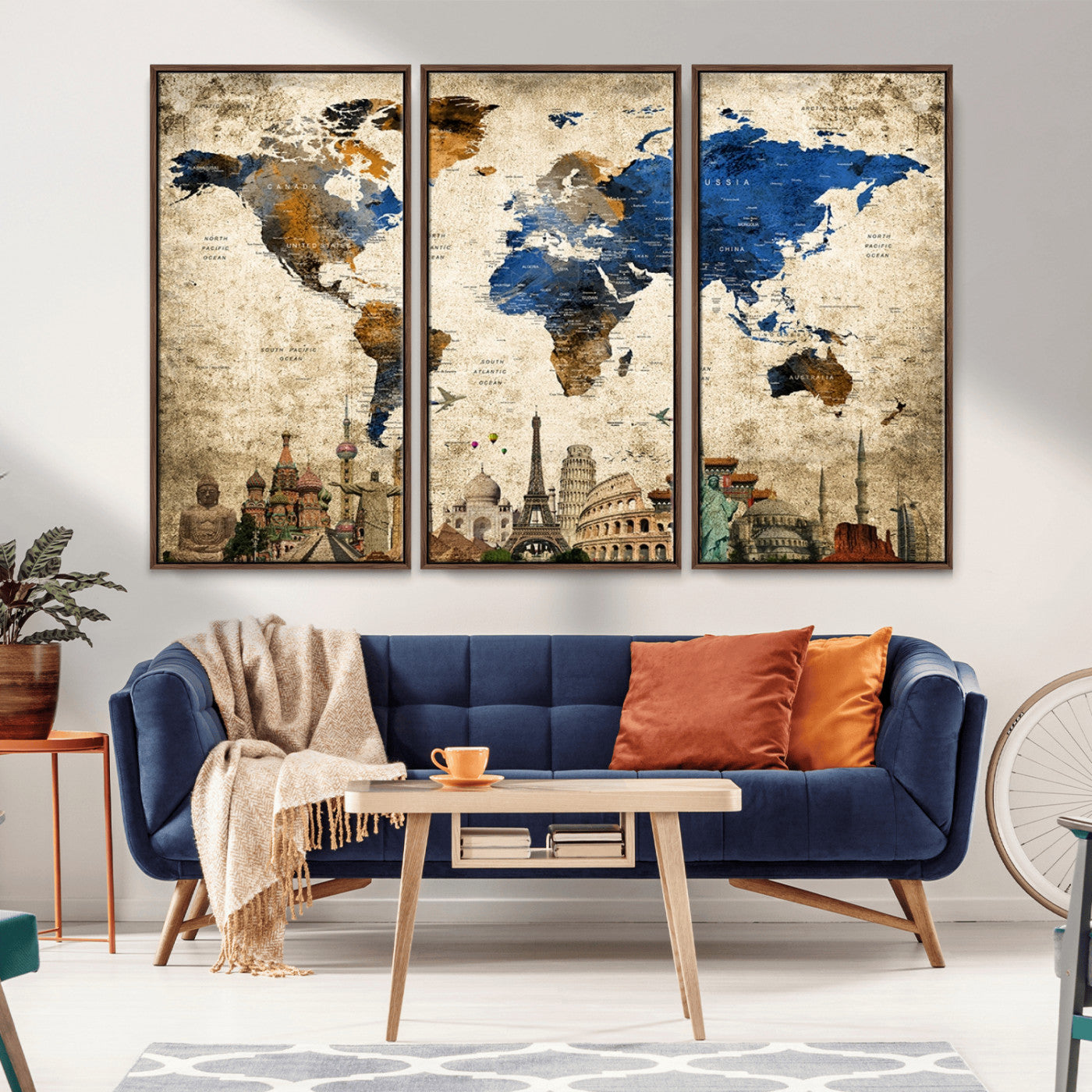 20261-MGV-CV-36X24-World Map Canvas Print – Vintage Blue and Gold World Map Wall Art, Framed Travel Inspired Decor for Living Room or Office