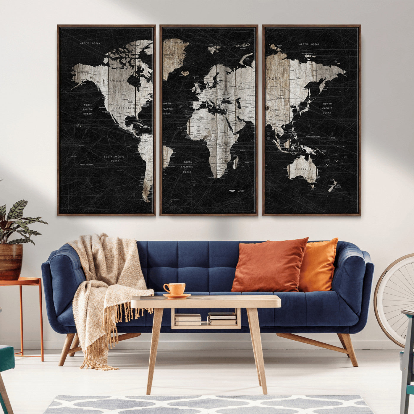 89998-MGV-CV-36X24-Rustic Black and Wood World Map Canvas Wall Art – Framed Push Pin Travel Map for Home and Office Decor, Modern Vintage Wall Artwork