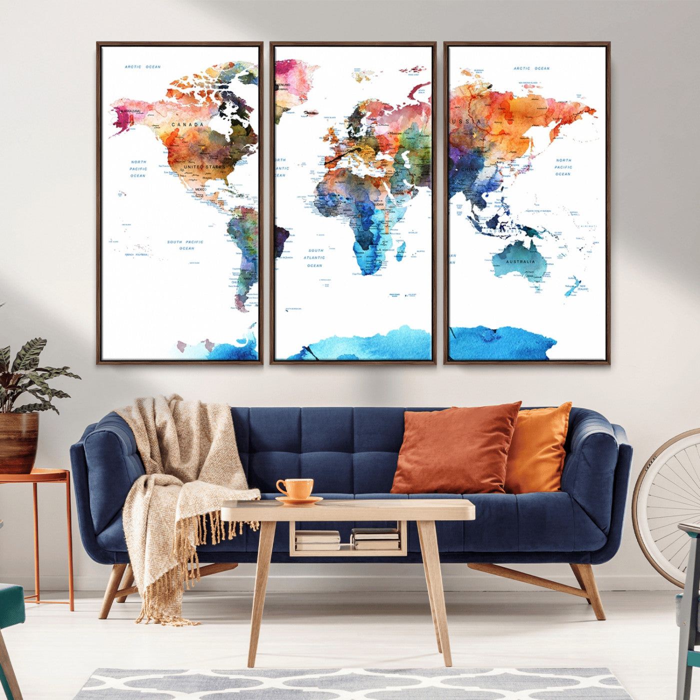 11576-MGV-CV-36X24-Vibrant Watercolor World Map Canvas Wall Art – Framed Push Pin Travel Map for Home and Office Decor, Modern Colorful Wall Artwork