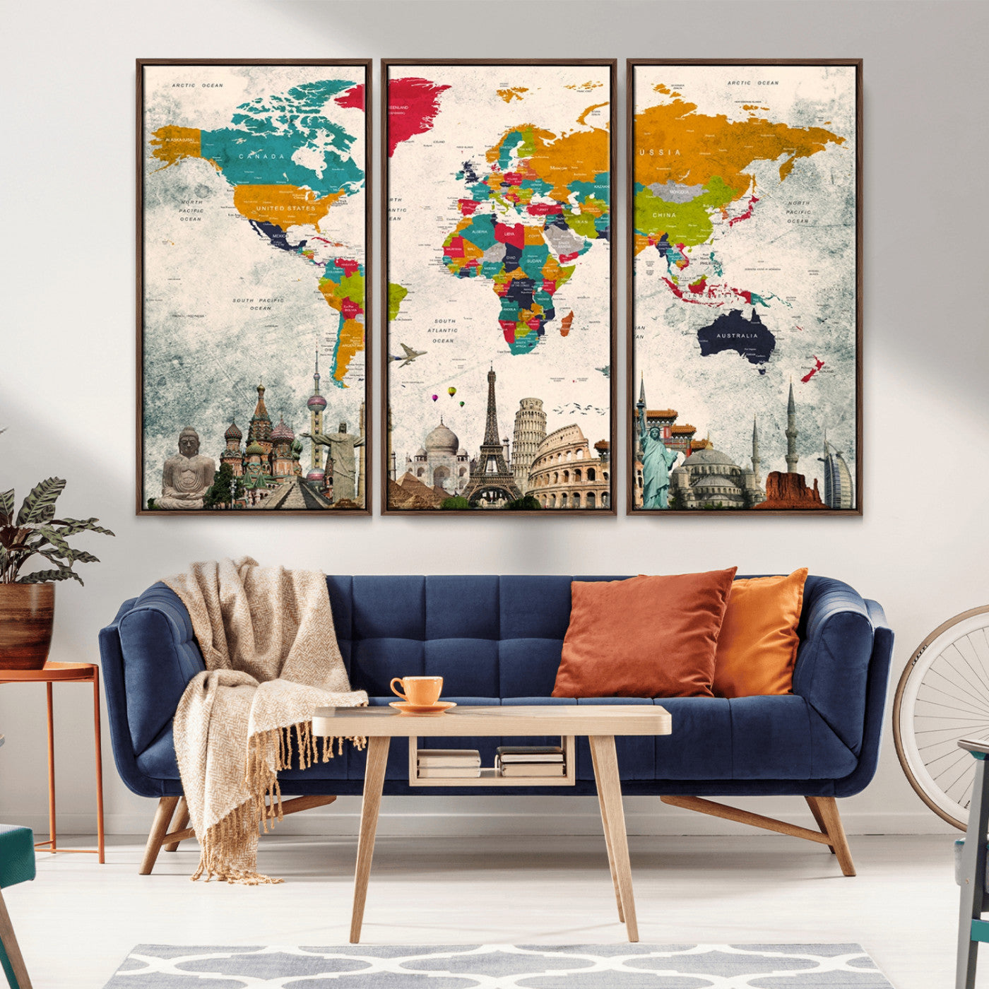 -Colorful World Map Canvas Wall Art with Landmarks – Framed Travel Map Print for Home and Office Decor, Perfect Gift for Travel Lovers