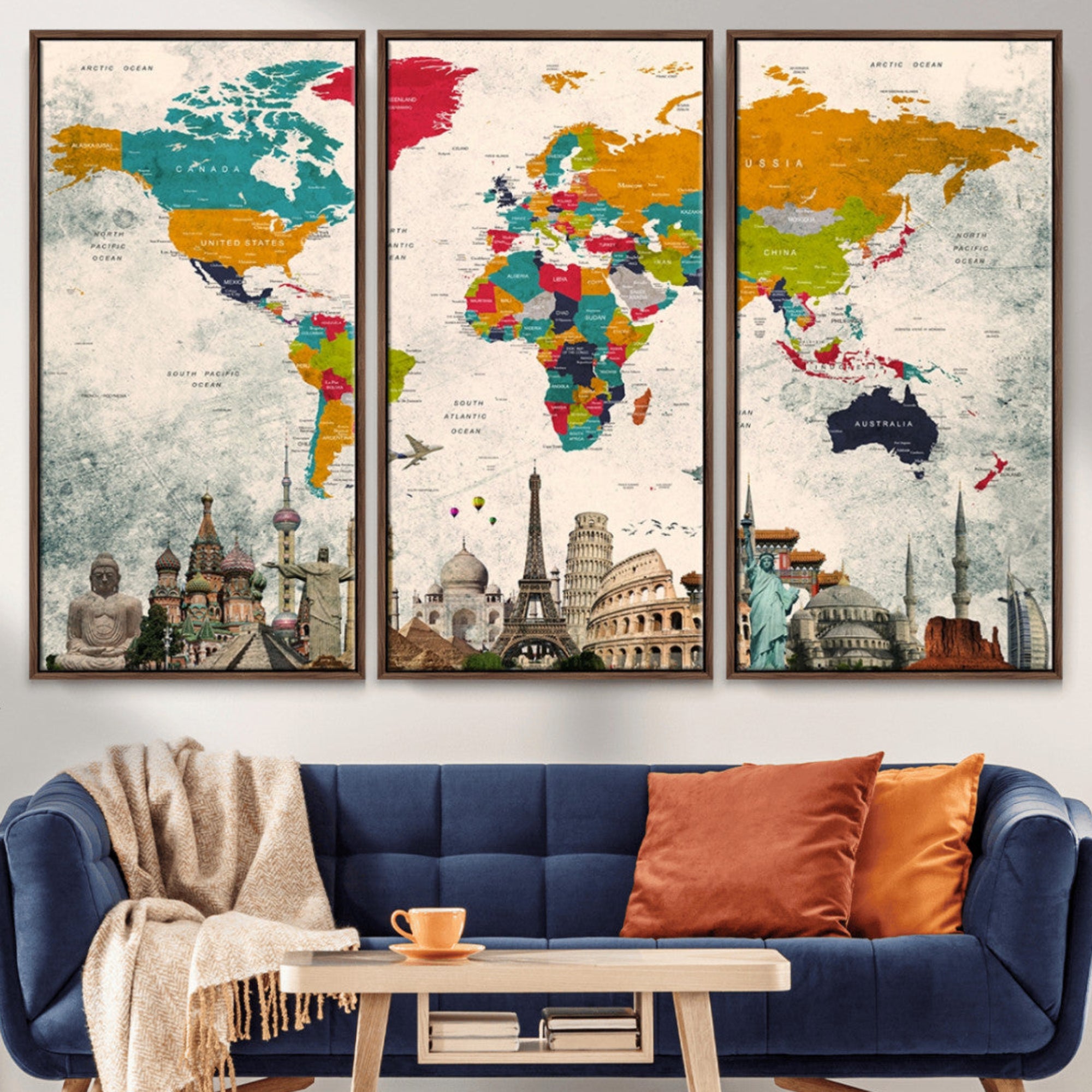 98056-MGV-CV-36X24-Colorful World Map Canvas Wall Art with Landmarks – Framed Travel Map Print for Home and Office Decor, Perfect Gift for Travel Lovers