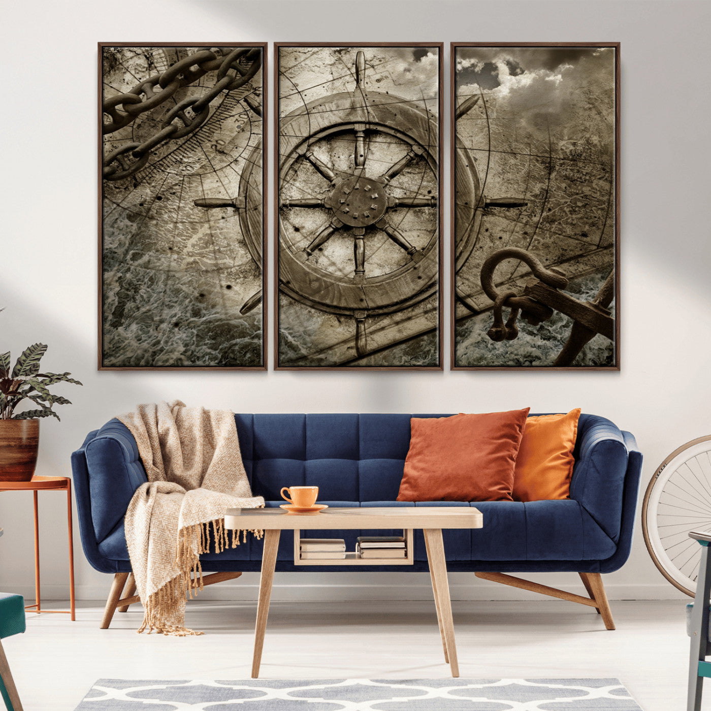 -Wooden Ship Wheel Canvas Print, Multi Panel Canvas Wall Art Print