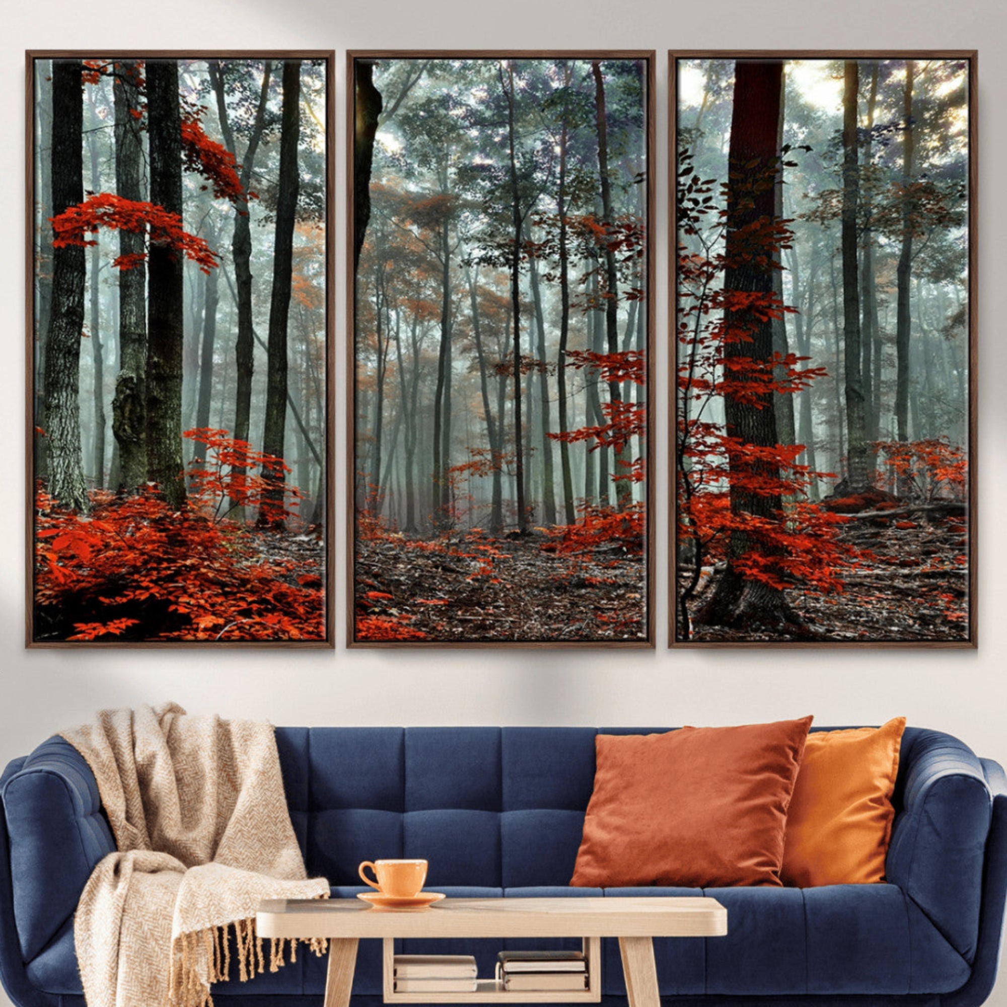 59209-MGV-CV-36X24-Autumn Forest Wall Art – Enchanting Red Leaves Canvas Print, Nature Inspired Fall Landscape Decor for Living Room or Bedroom
