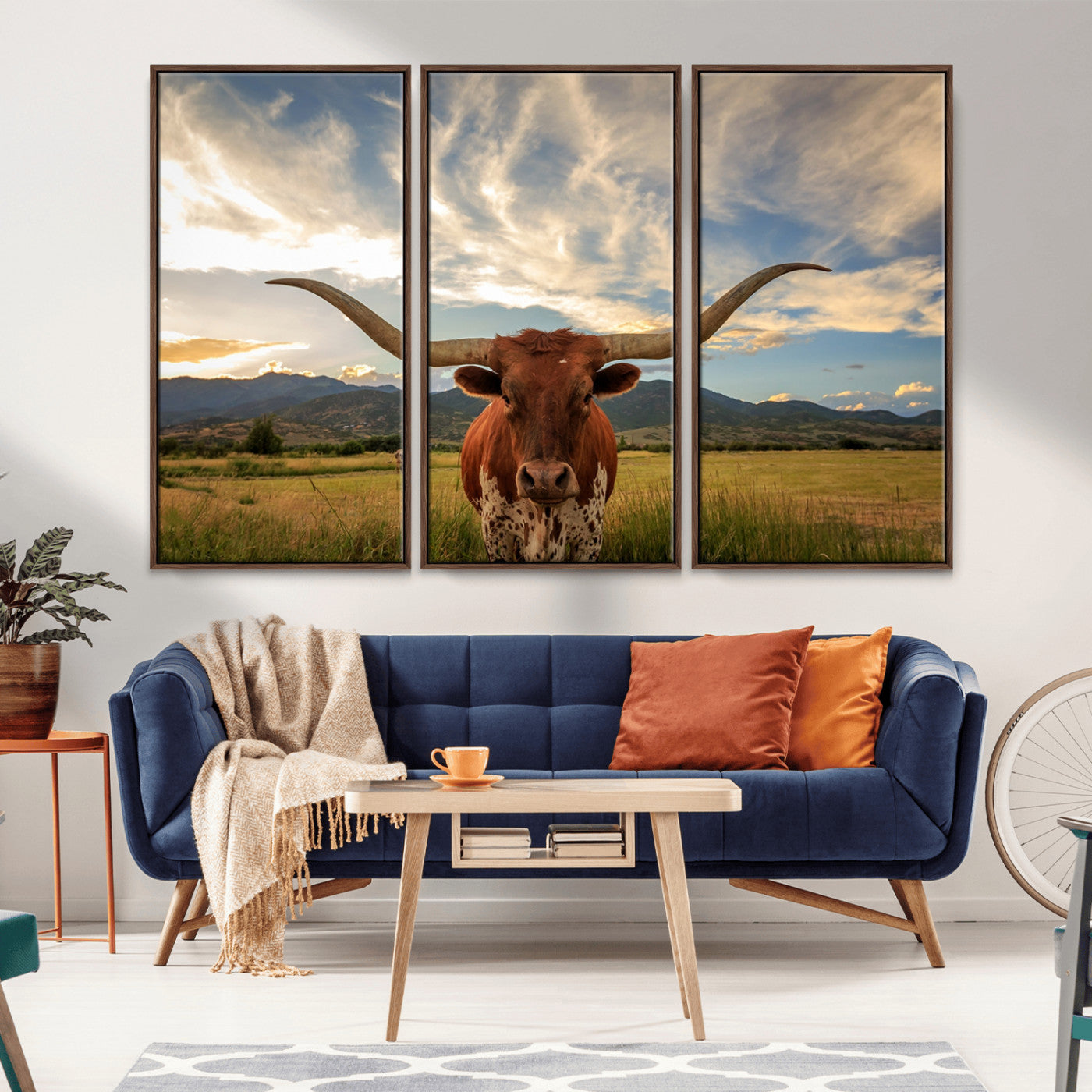 55416-MGV-CV-36X24-Texas Longhorn Canvas Wall Art – Majestic Triptych Animal Print – Rustic Western Decor for Living