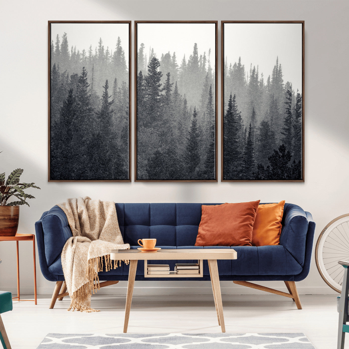 92450-MGV-CV-36X24-Misty Forest Canvas Wall Art – Monochrome Triptych Pine Tree Print – Nature-Inspired Home Decor –