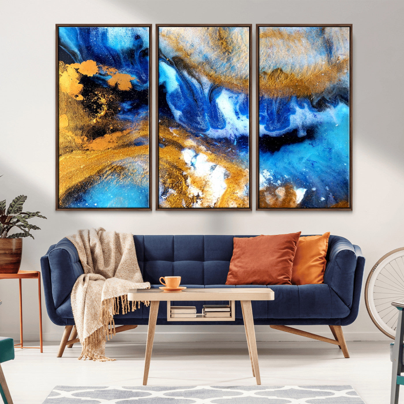 42100-MGV-CV-36X24-Blue Orange Marble Fluid Effect Canvas Wall Art Print