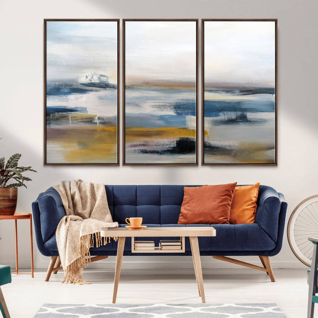 Abstract Landscape Wall Art Canvas | 3 Panel Modern Blue, Gold and White Canvas Art