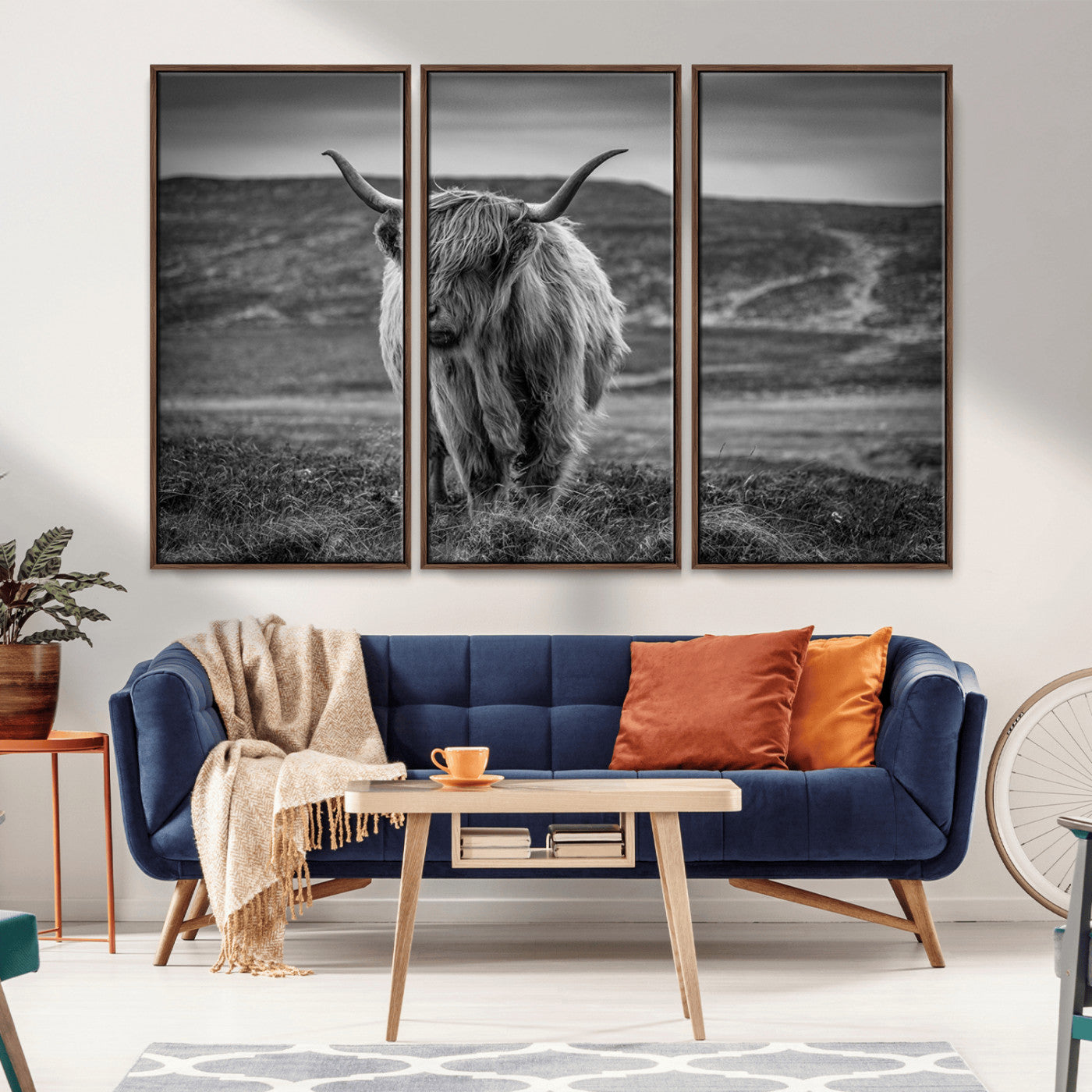 -Fluffy Cattle Wall Art Print, Highland Cow Canvas, Framed Black and white Wall Art