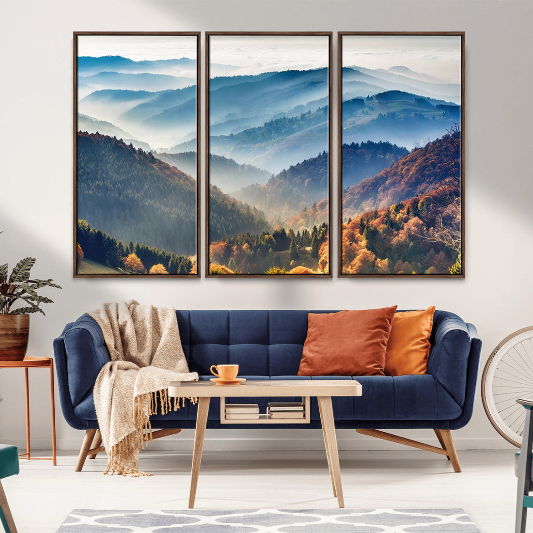 Misty Mountain Sunrise Triptych Canvas Print | Autumn Landscape Wall Art