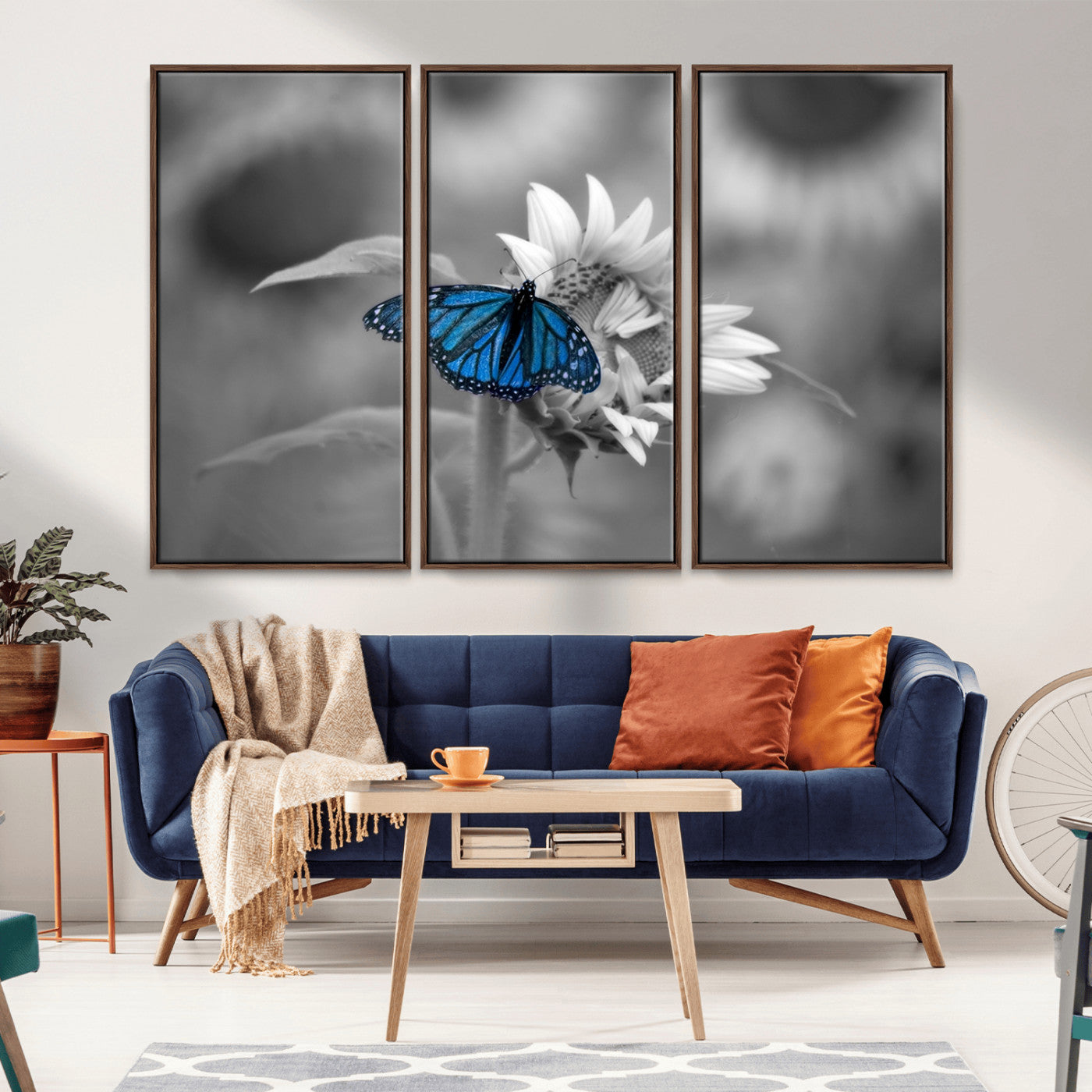 -Blue Butterfly Black and White Canvas Wall Art