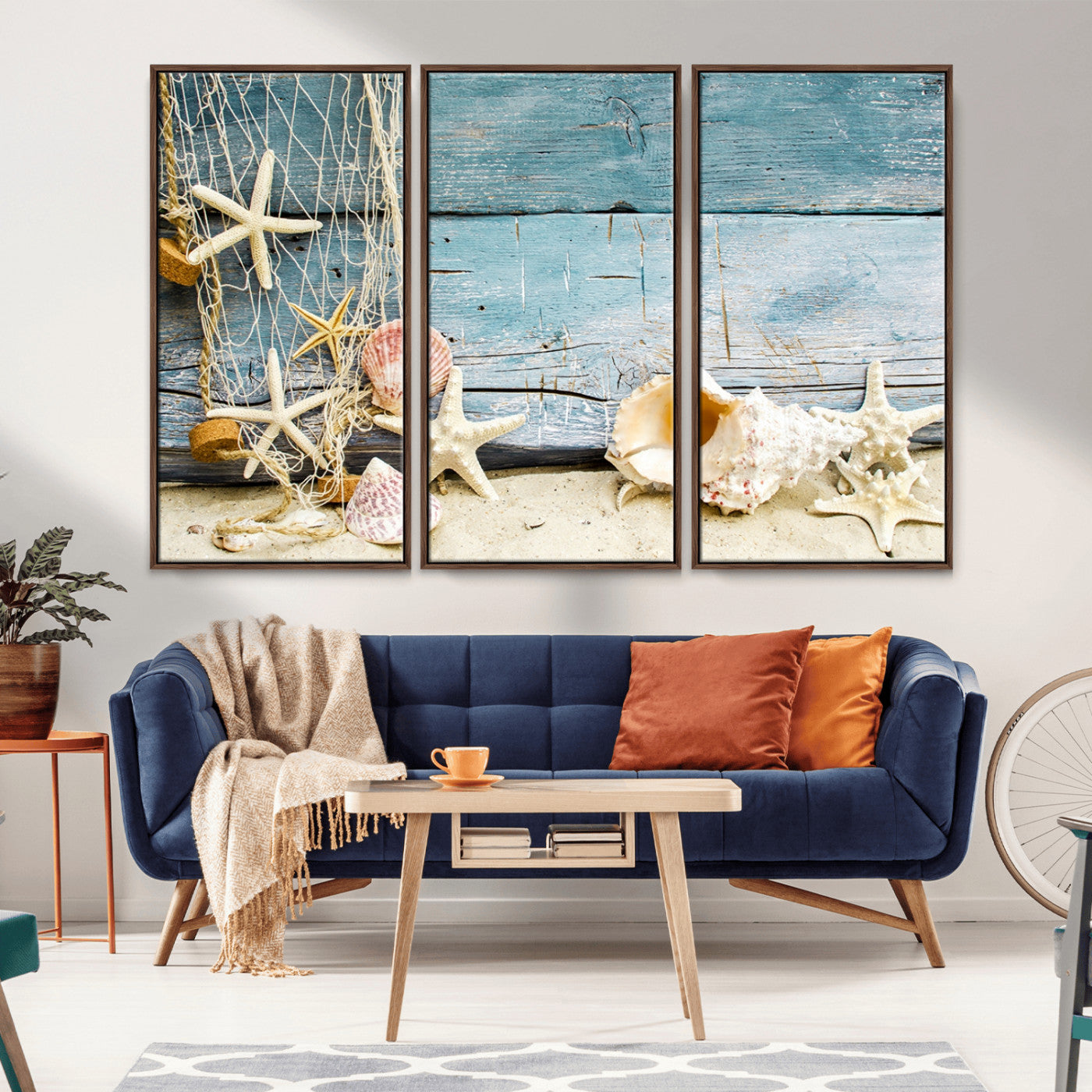 -Seashells on Rustic Wooden Background, Seashells Wall Art Canvas Print