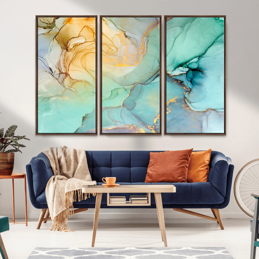 Abstract Aqua and Gold Fluid Wall Art Canvas | 3 Panel Large Canvas Print