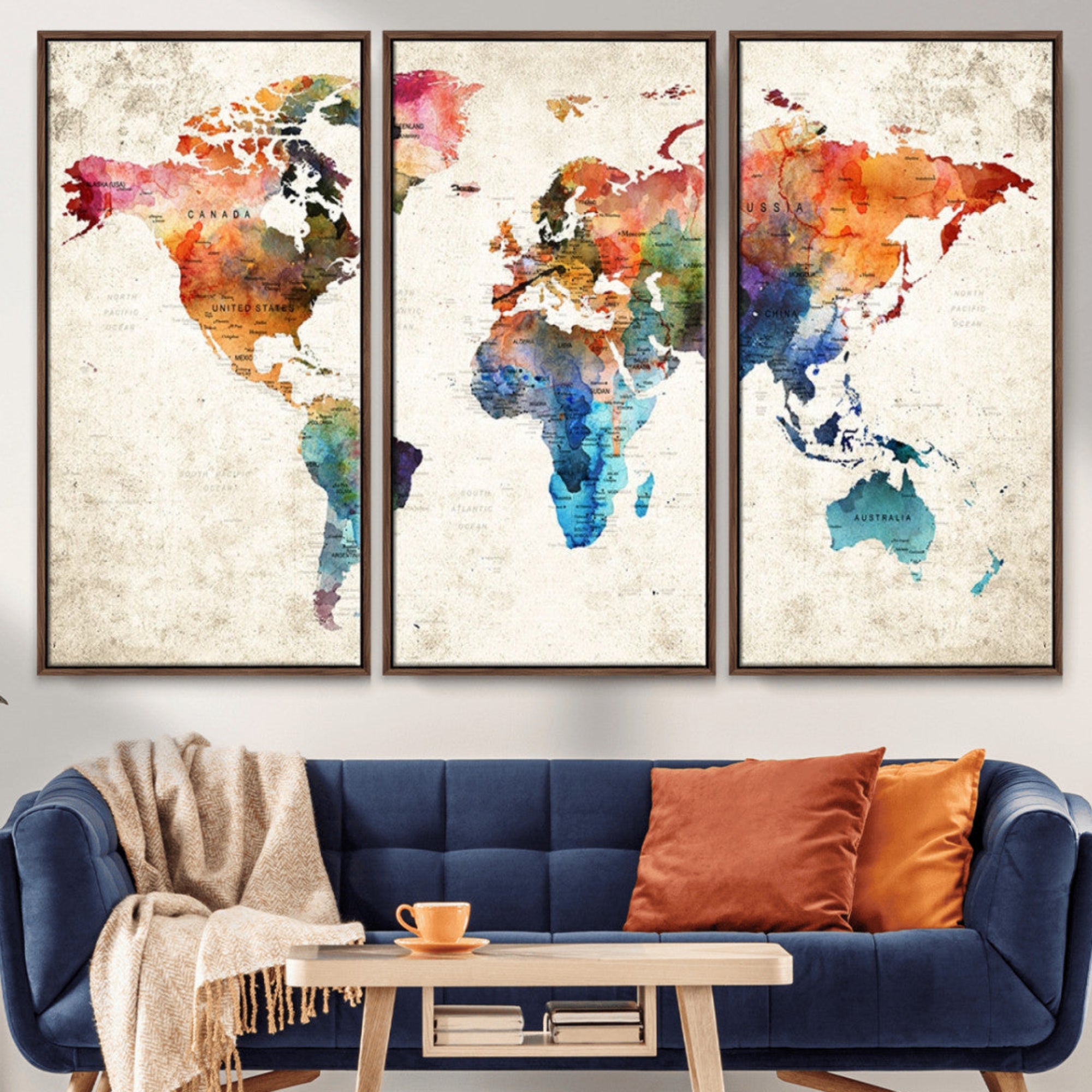 66549-MGV-CV-36X24-Colorful Watercolor World Map Canvas Wall Art – Framed Push Pin Travel Map for Home and Office Decor, Artistic Modern Wall Artwork