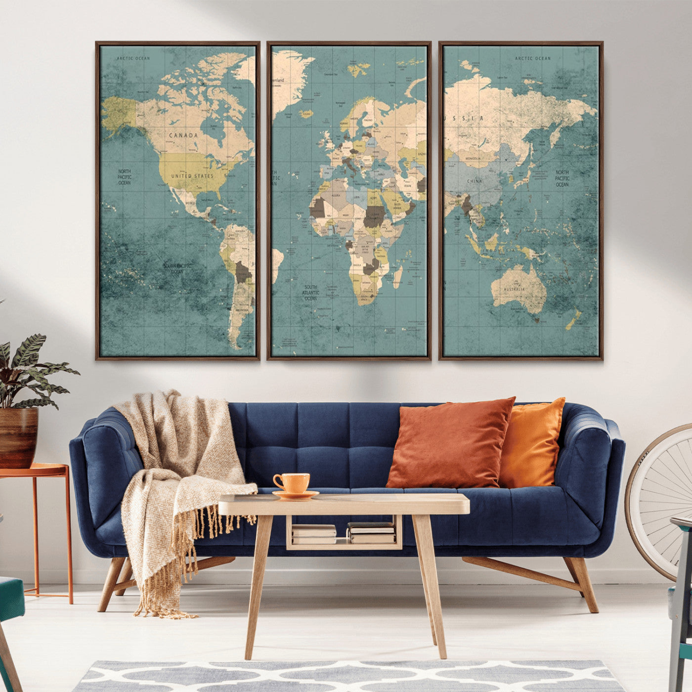-Classic World Map Canvas Print – Framed Vintage Map Wall Art, Retro Atlas Design for Rustic Explorer or Study Room Decor