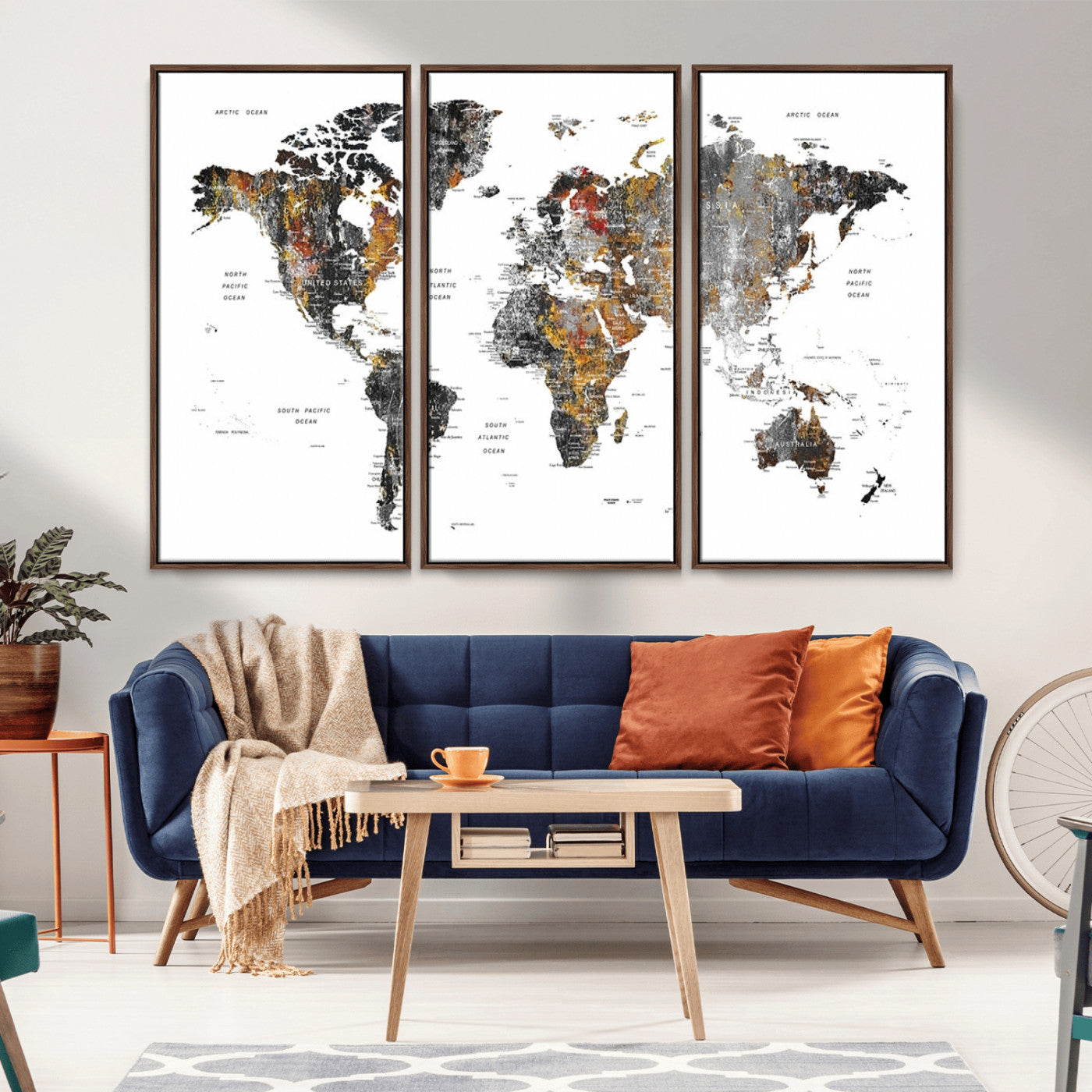 67481-MGV-CV-36X24-Modern Metallic World Map Canvas Wall Art – Framed Contemporary World Map Print, Stylish Travel Inspired Decor for Home and Office Walls