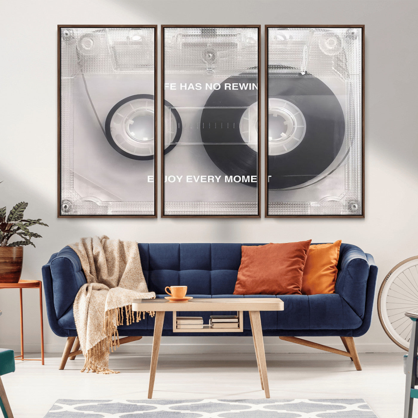 -Vintage Cassette Tape Canvas Wall Art - Inspirational 'Life Has No Rewind' Quote, Retro Music Decor