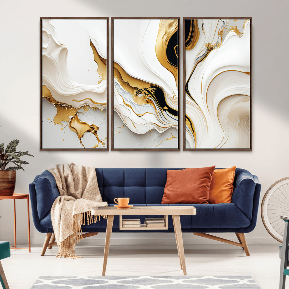 Gold Waves on Pure White Canvas, Gold Abstract Art for Modern Interiors
