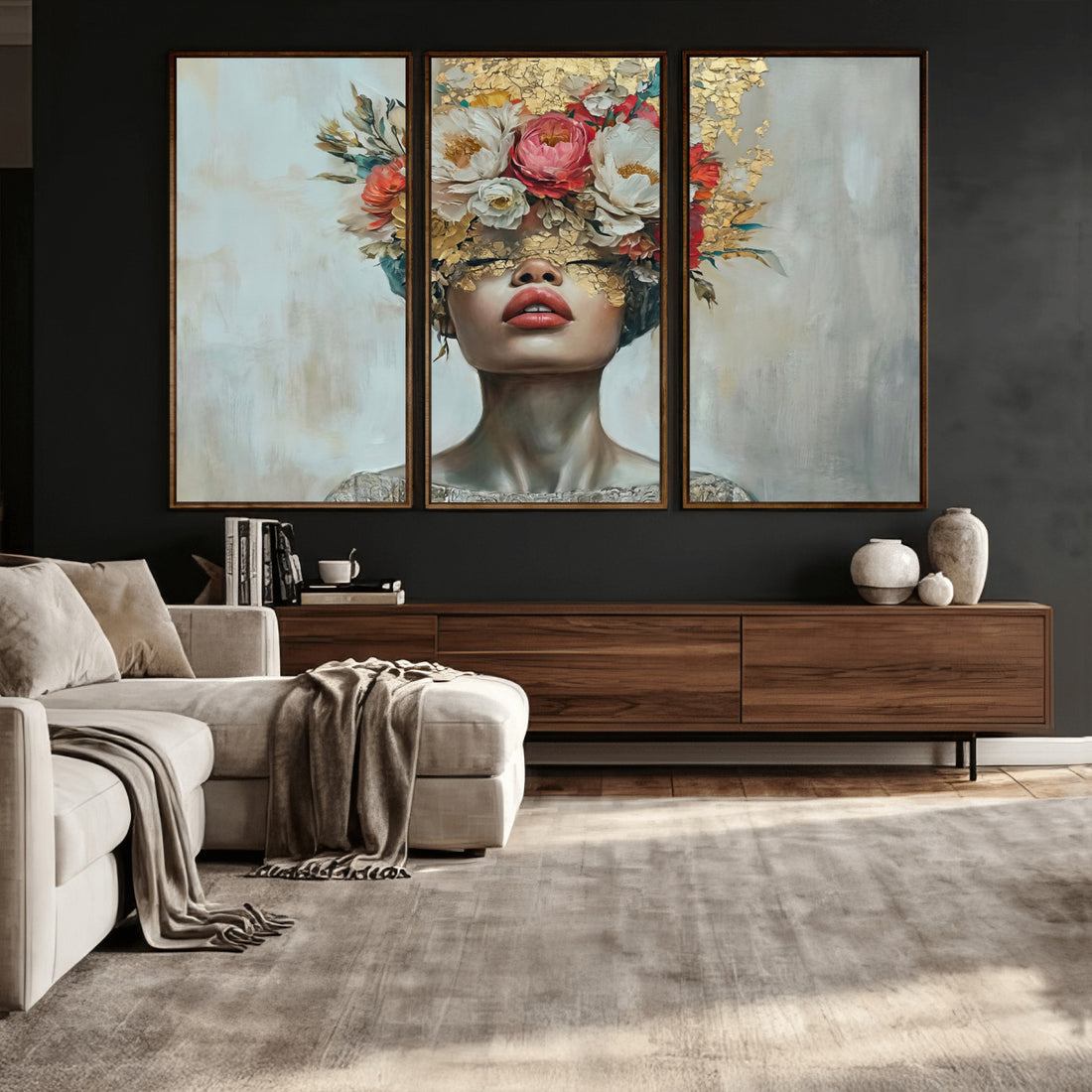 Golden Petal Wall Art Canvas Print, Silhouette Woman Wall Art, Floral Woman Portrait