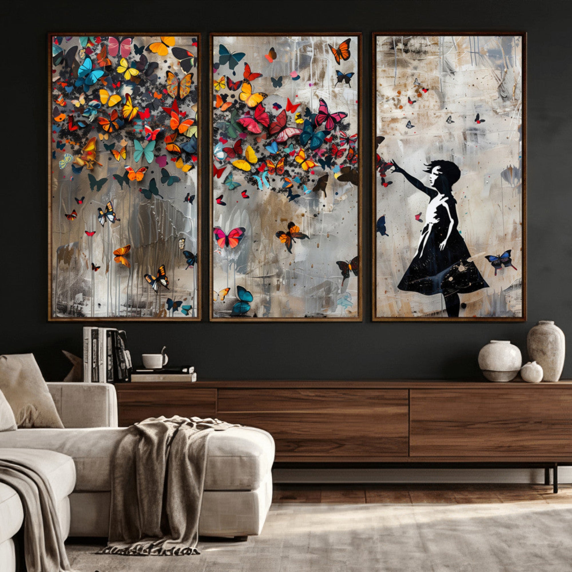 40269-MGV-CV-36X24 - Banksy Wall Art - Banksy Girl and Butterfly Explosion Wall Art Canvas Print | Girl with Butterflies