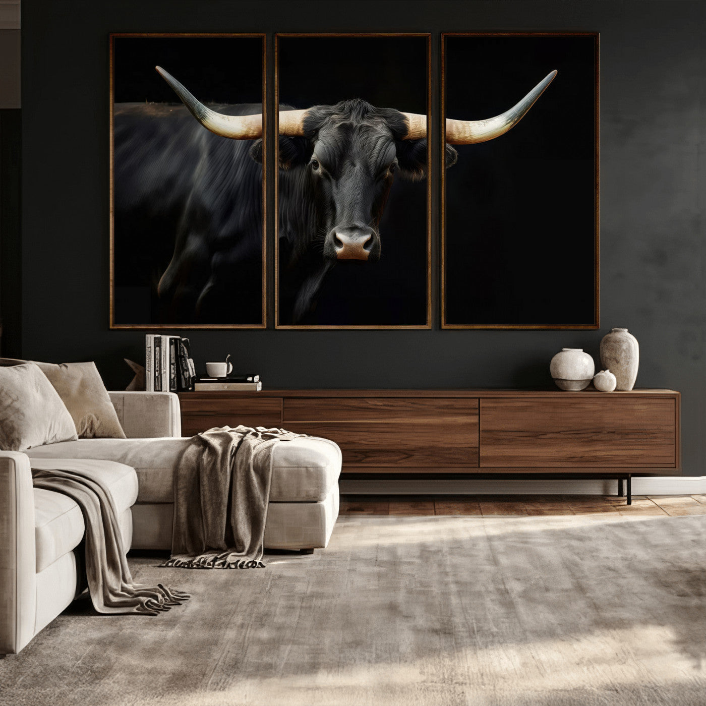 63798-MGV-CV-36X24 - Texas Longhorn Cow | Majestic Black Bull Wall Art Canvas Print - Farmhouse Animal Decor - Ready to
