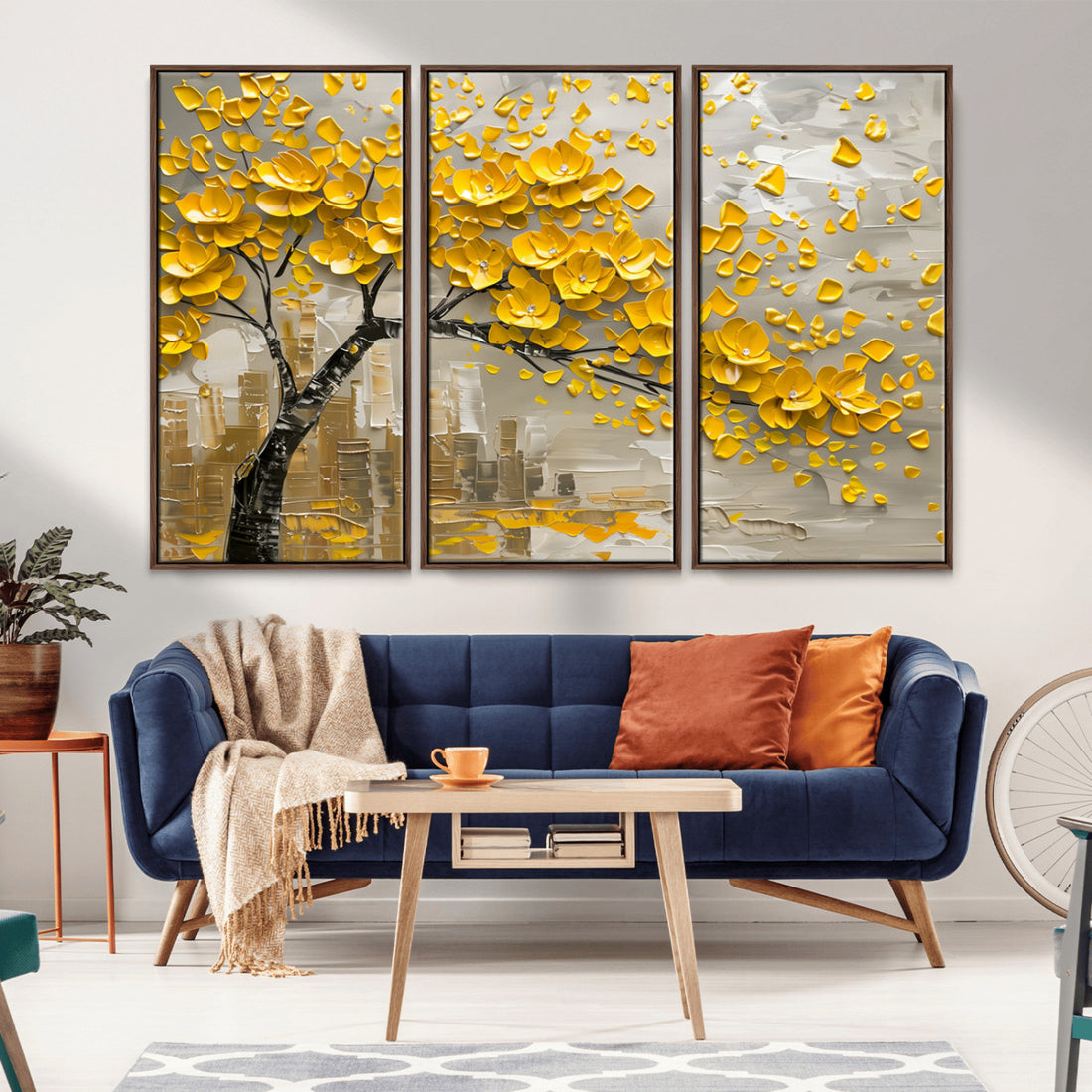 Yellow Blossom Tree Canvas Wall Art, Floral Abstract Modern Art | Extra Large 3 Piece Canvas Wall Art