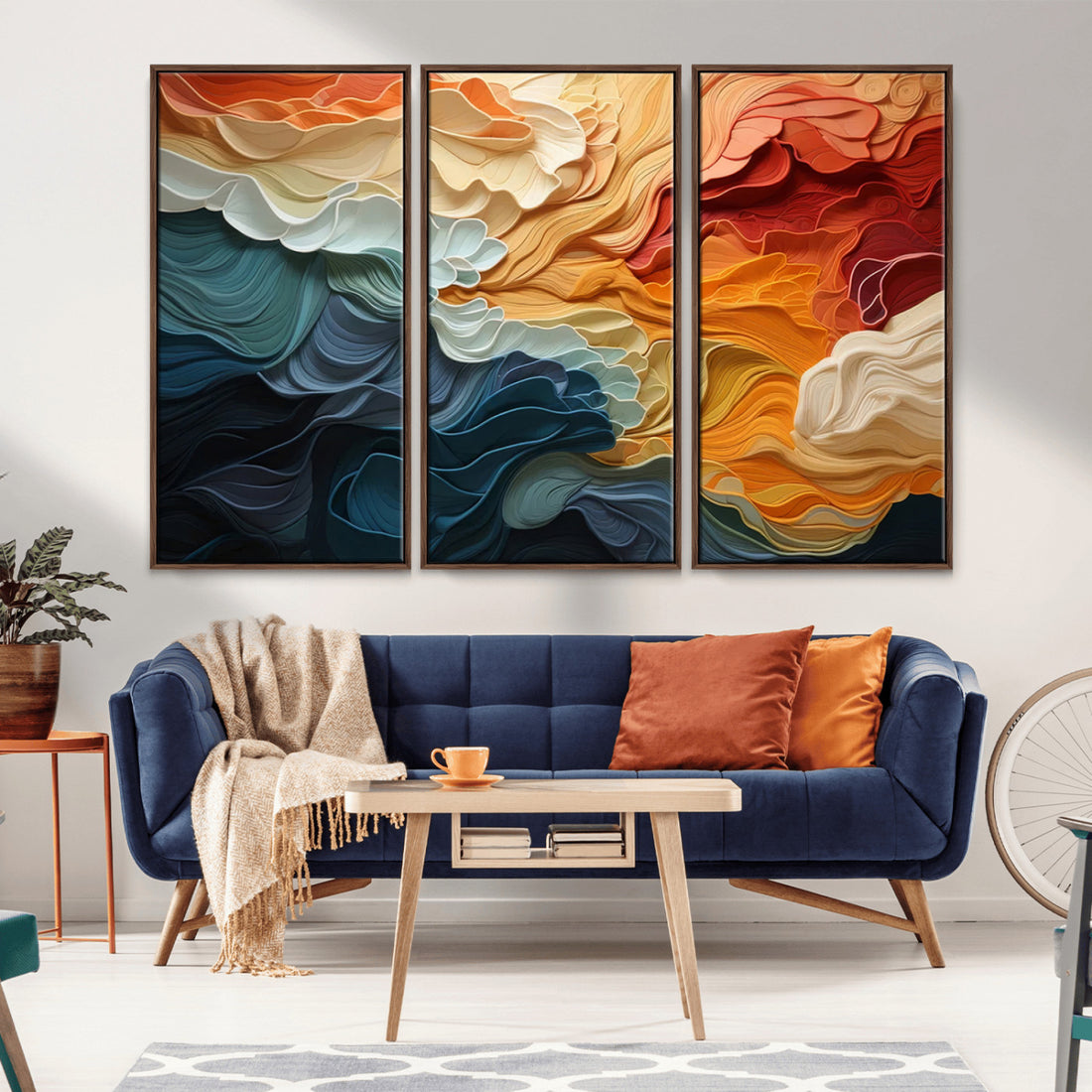 Blue Orange Abstract Wave Wall Art Canvas Print, Framed | Extra Large 3 Piece Canvas Wall Art