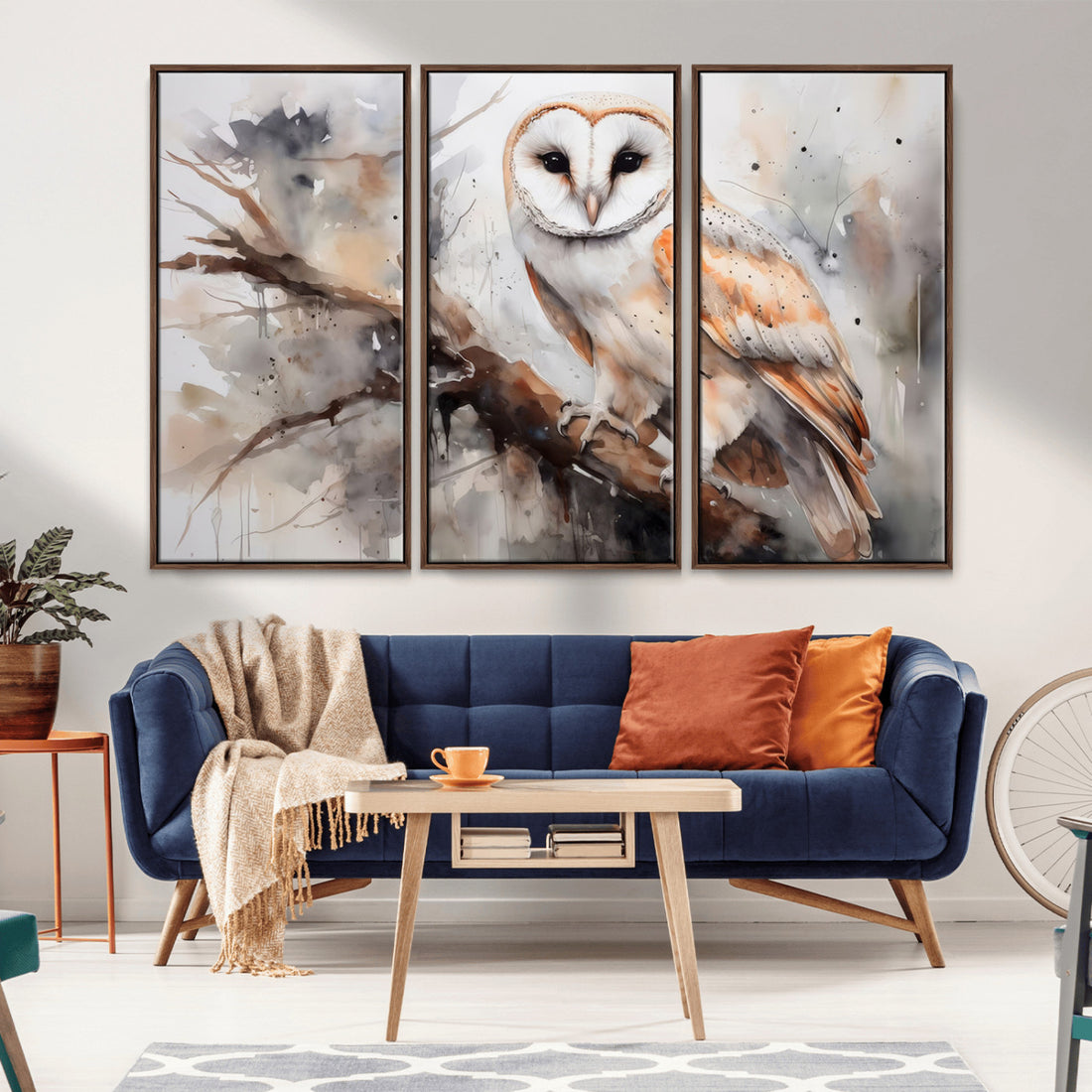 Barn Owl Wall Art, Watercolor Barn Owl Canvas Print | Extra Large 3 Piece Canvas Wall Art