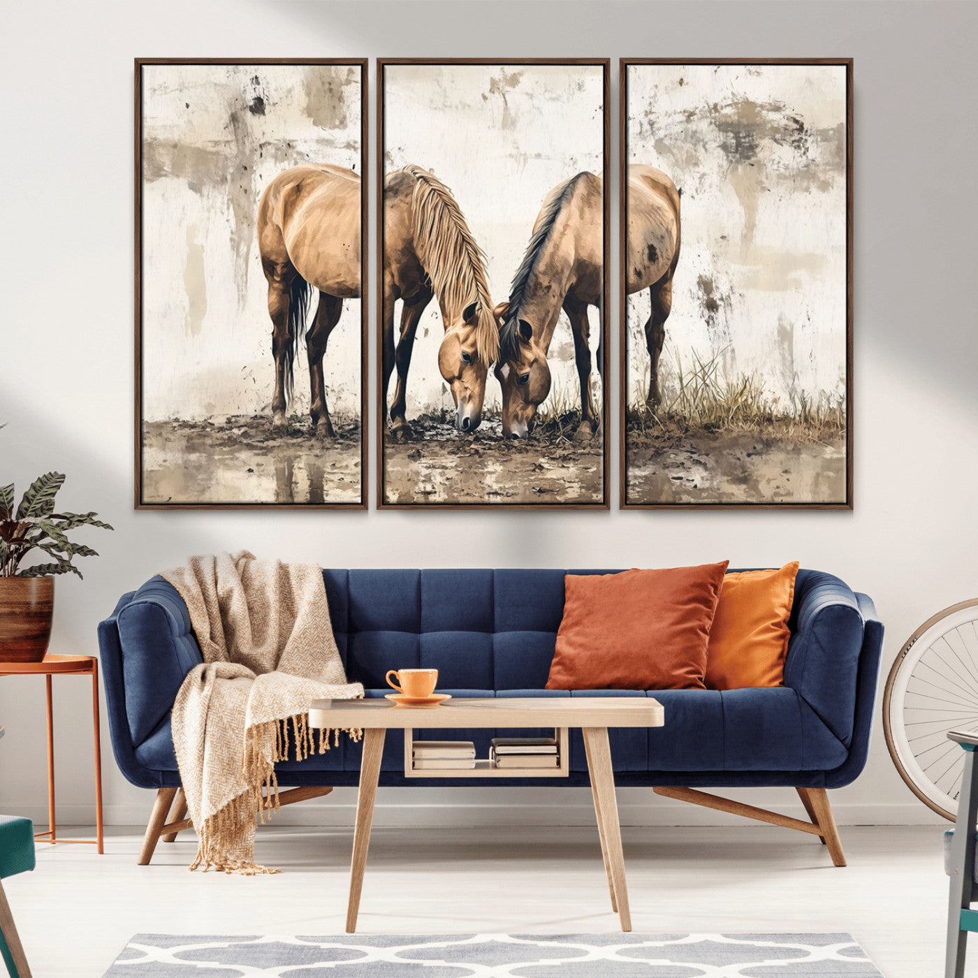 44742-MGV-CV-36X24-Vintage Horses Wall Art | Ready to Hang and Framed Triptych | Western Farmhouse Wall Decor for